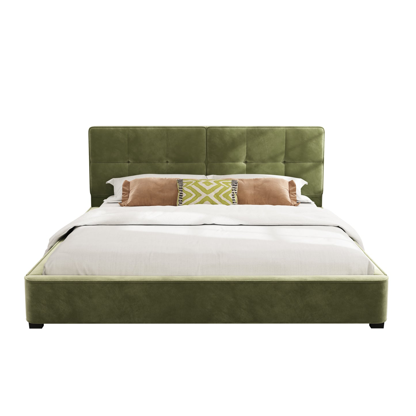 Olive green velvet king bed frame, front view with sage and tan pillows