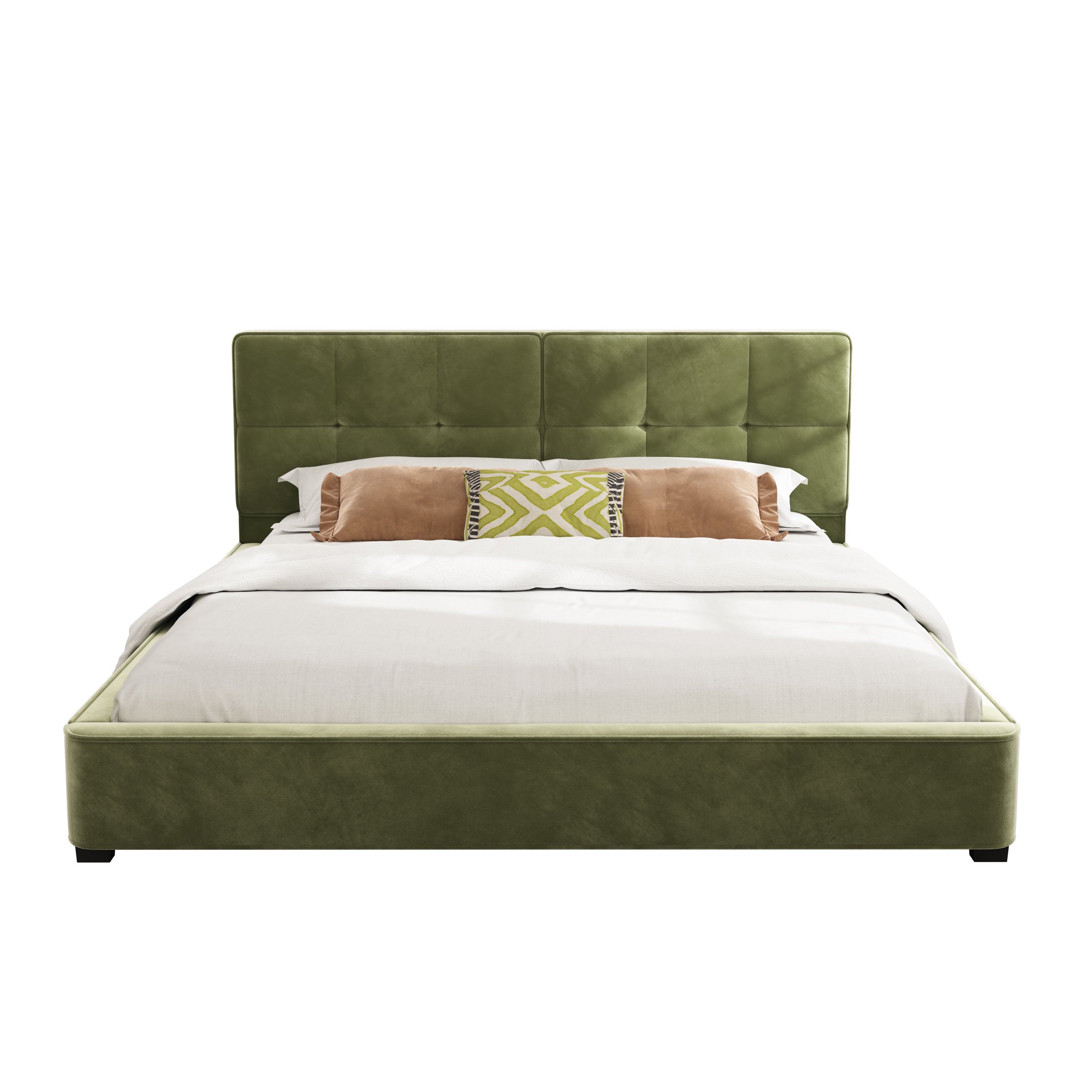 Olive green velvet king bed frame, front view with sage and tan pillows