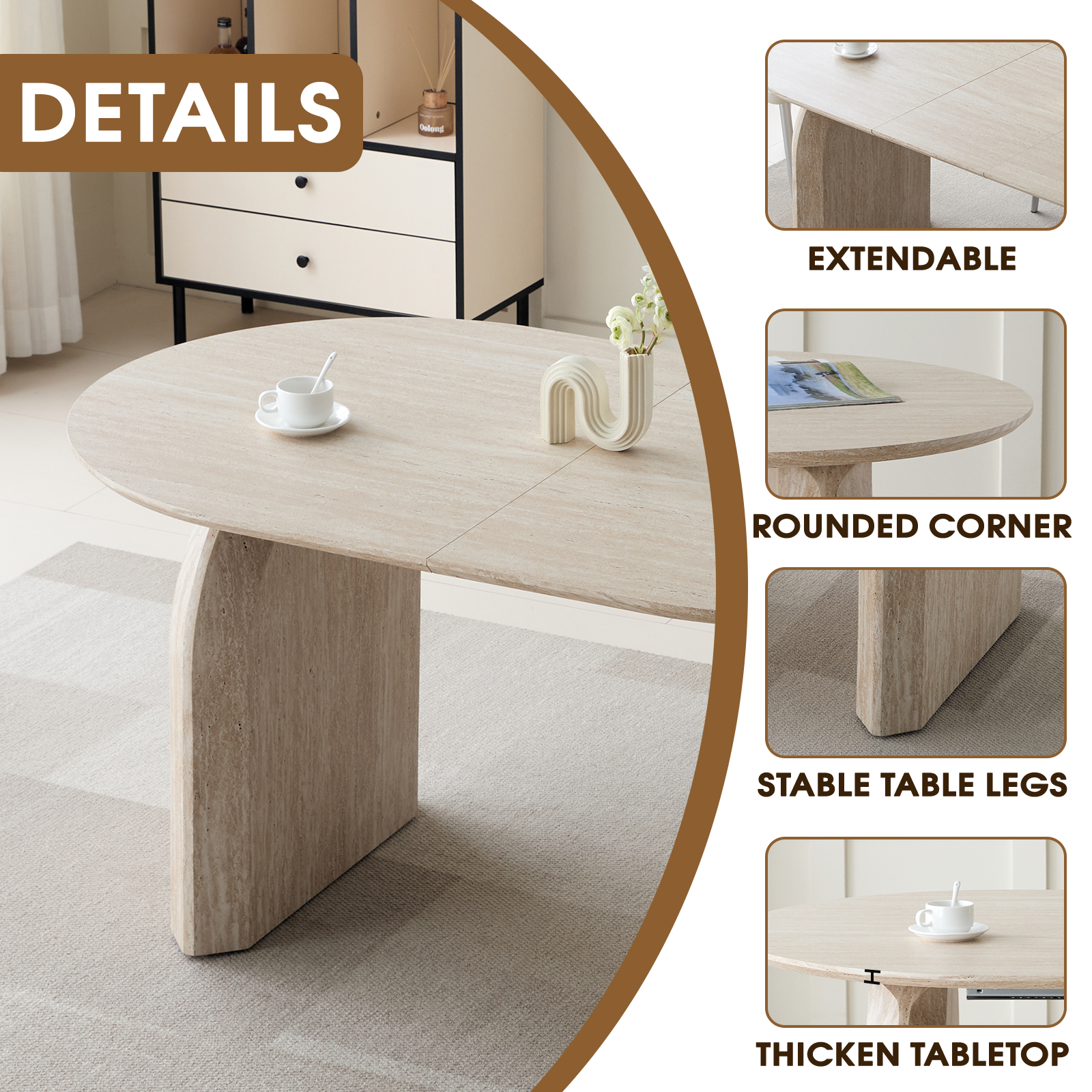 Details graphic showing the oval table with close-up insets of edge, legs and top