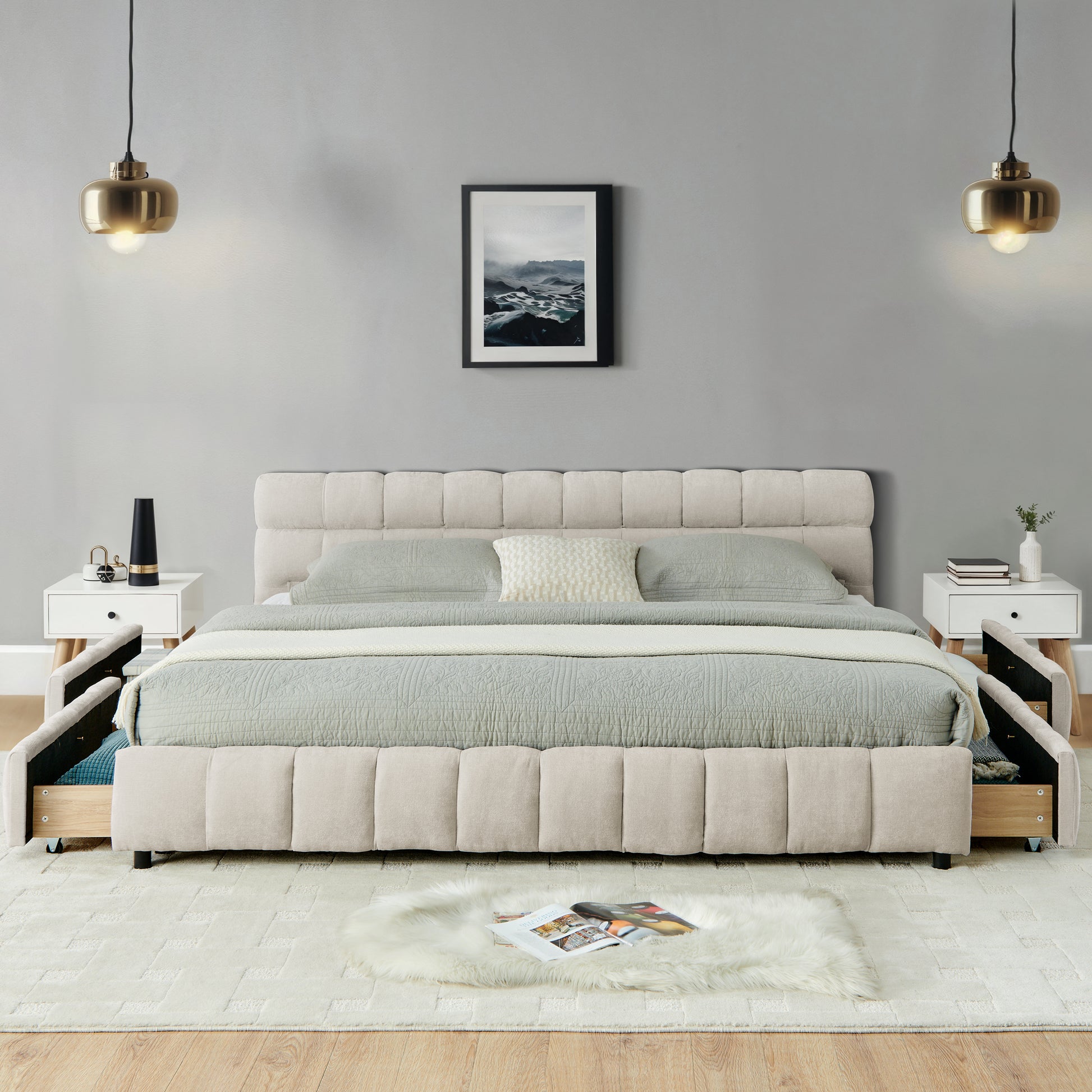 Front view of beige tufted chenille headboard and bed frame