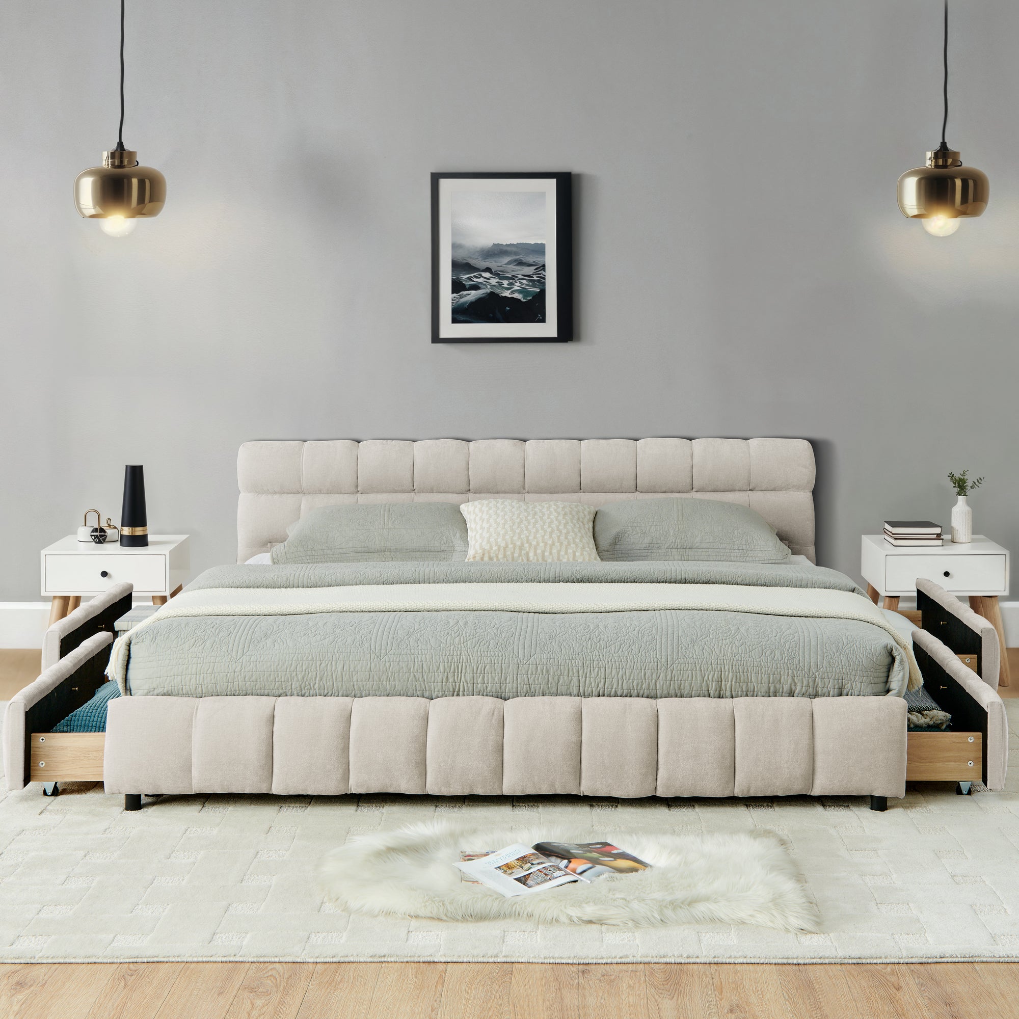 Front view of beige tufted chenille headboard and bed frame
