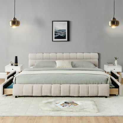 Front view of beige tufted chenille headboard and bed frame