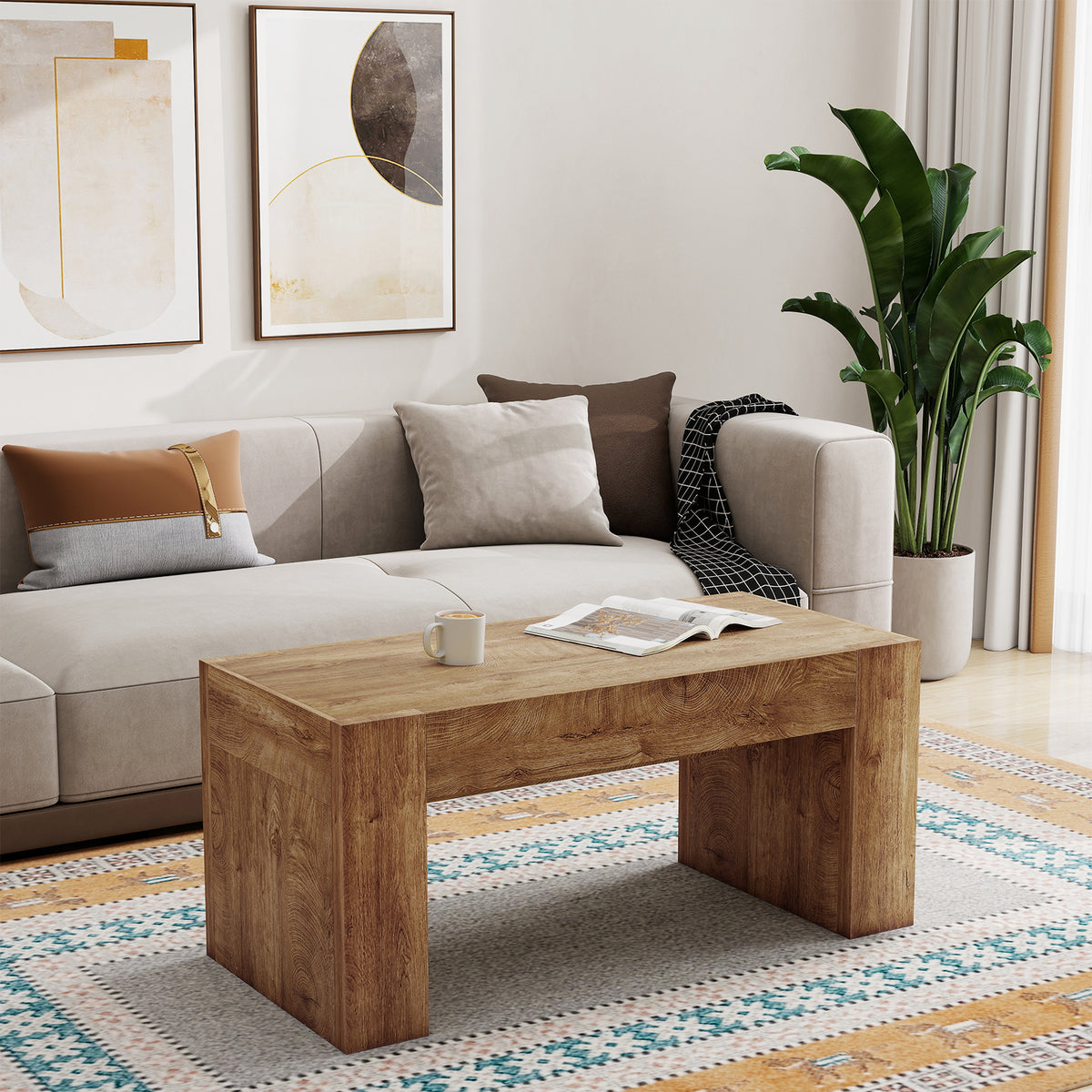Natural Rectangular Coffee Table with Storage, 47.6 in