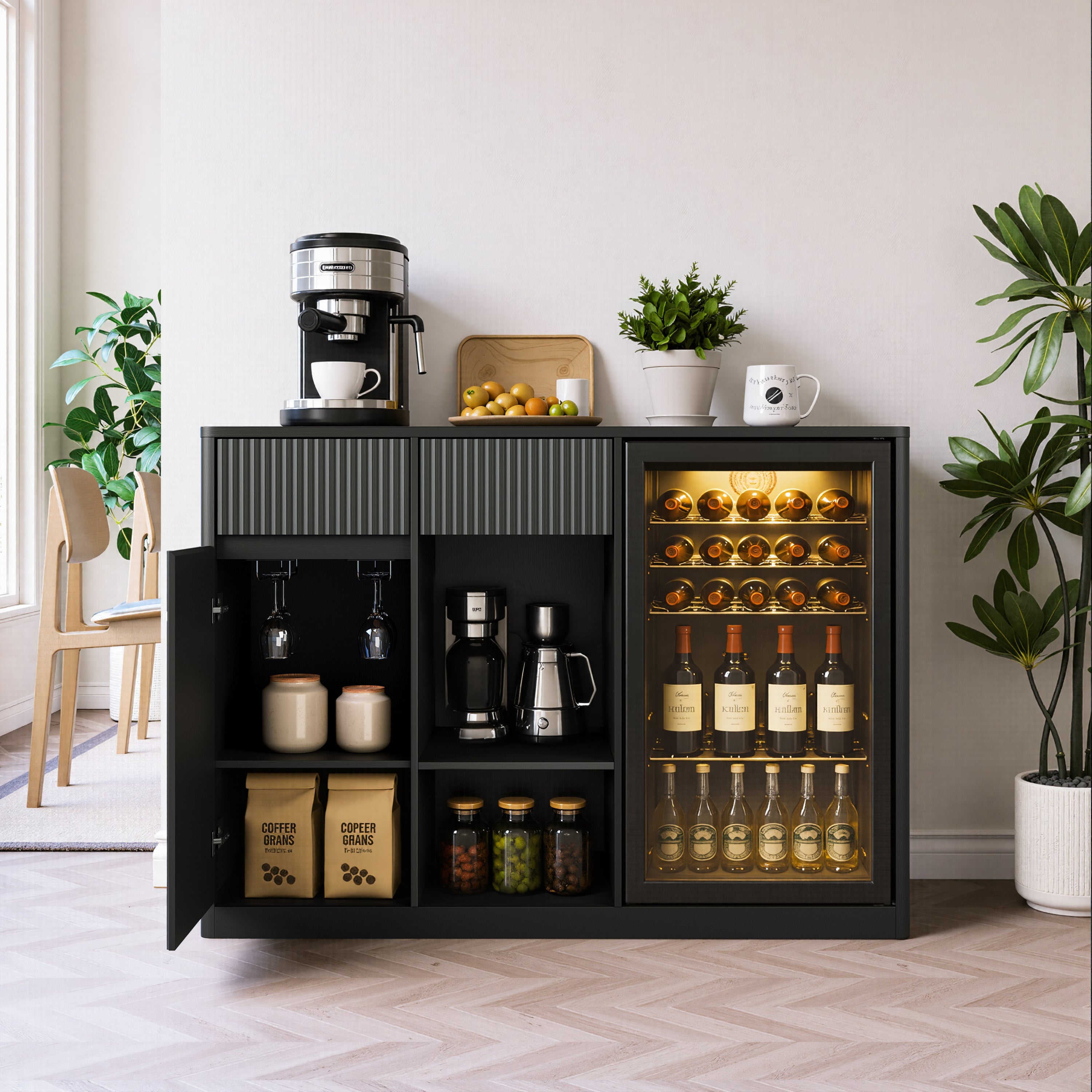 Fluted Bar Cabinet with Mini Fridge Space, 51 in, Black