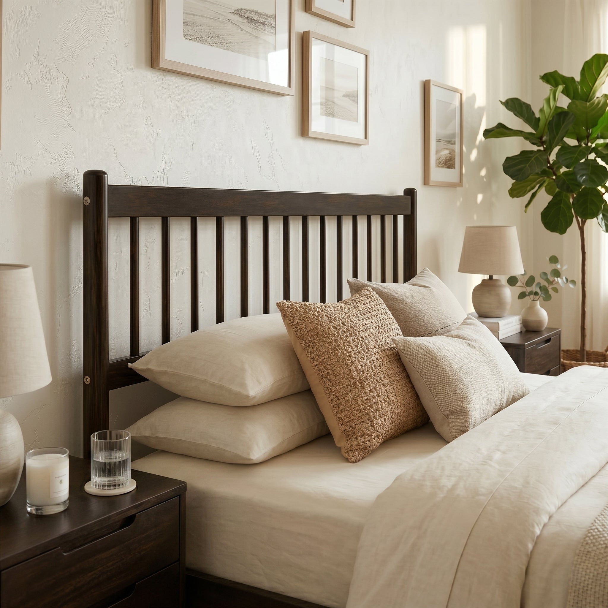 Brown pine queen bed frame centered between two nightstands with framed art and a plant in a farmhouse bedroom #Color_Brown