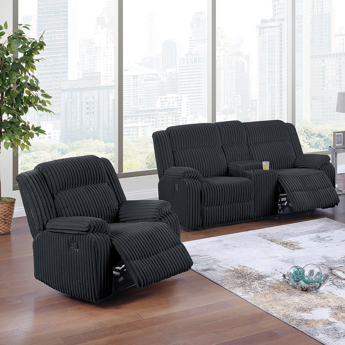 Black Corduroy Reclining Living Room Set with Console