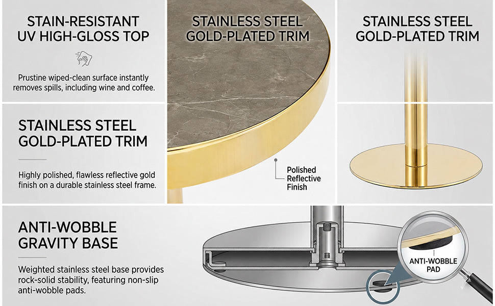 Feature graphic showing the stain-resistant top, gold-plated steel trim and anti-wobble weighted base