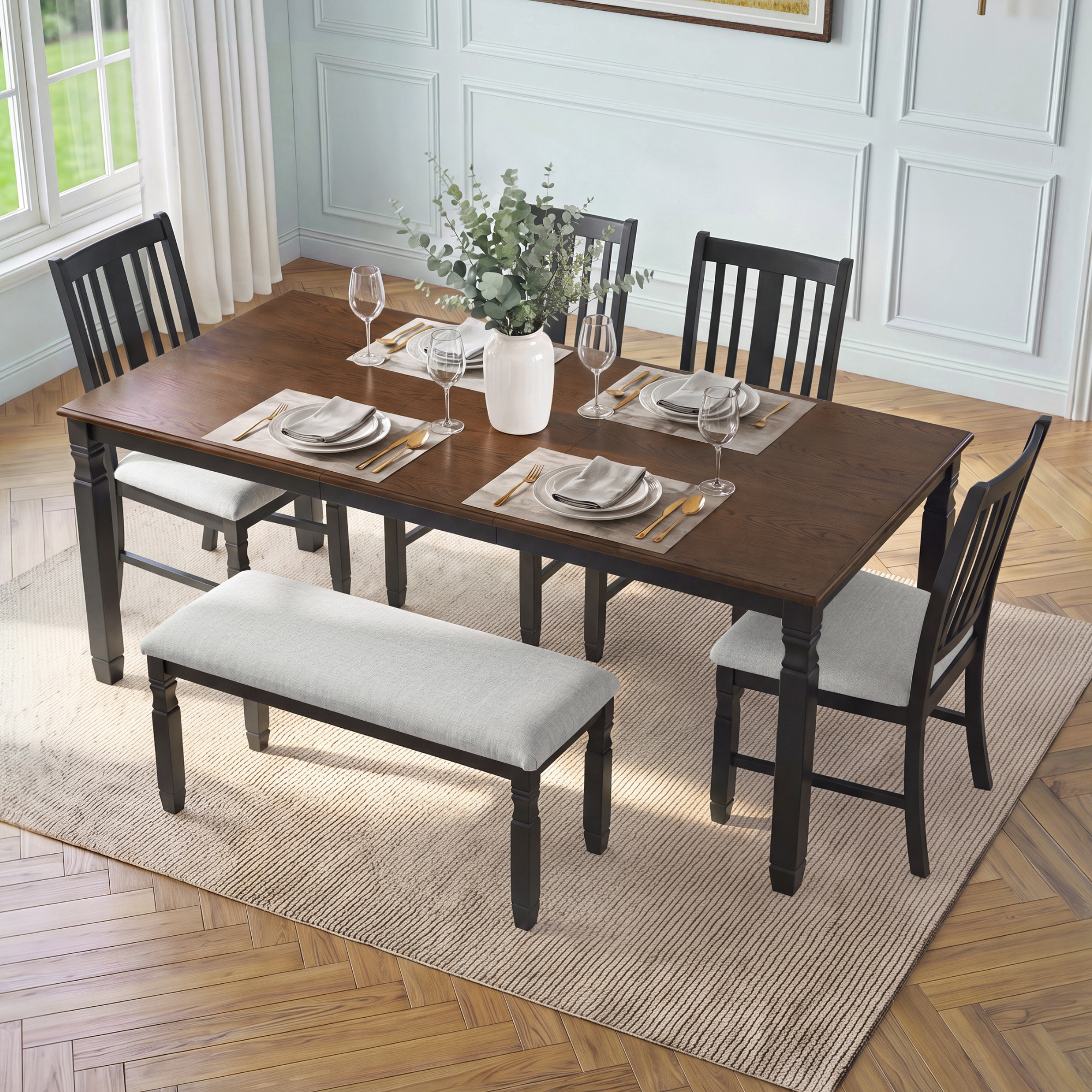 6-Piece Black Farmhouse Dining Set, Extendable Table, 4 Chairs, Bench