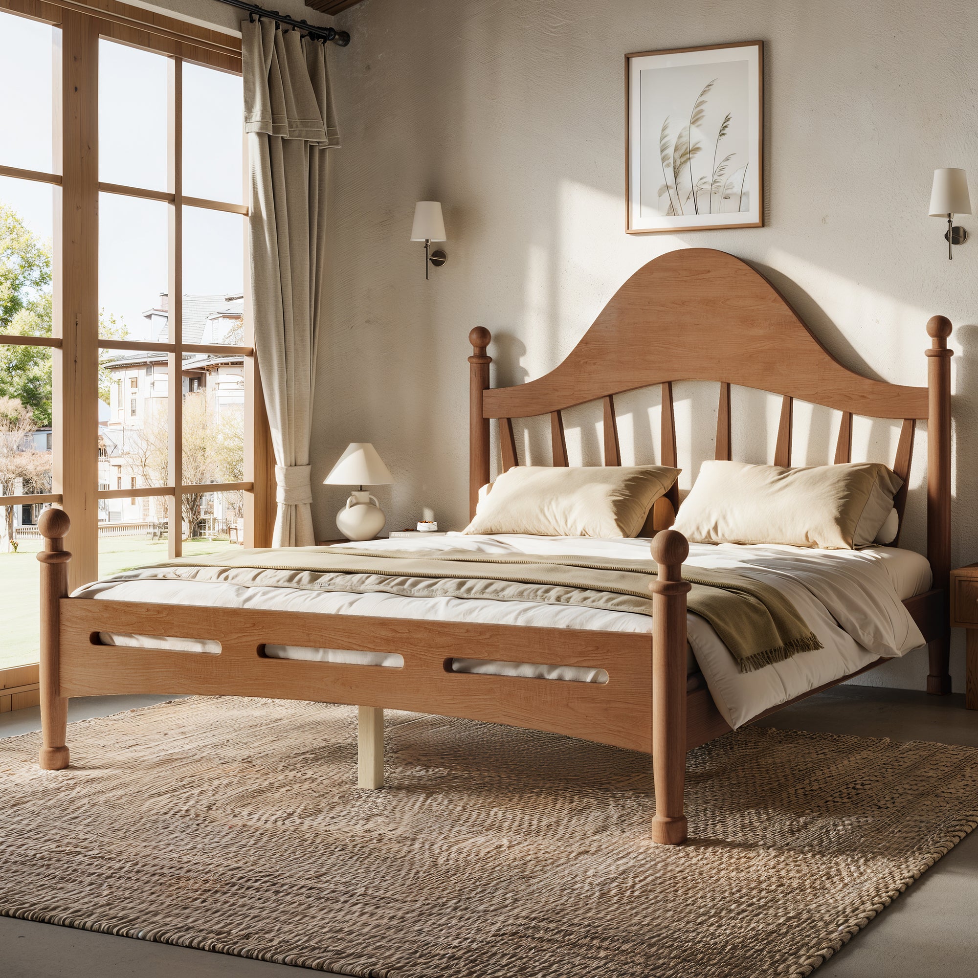 Full Size Platform Bed with Curved Headboard, Antique Brown