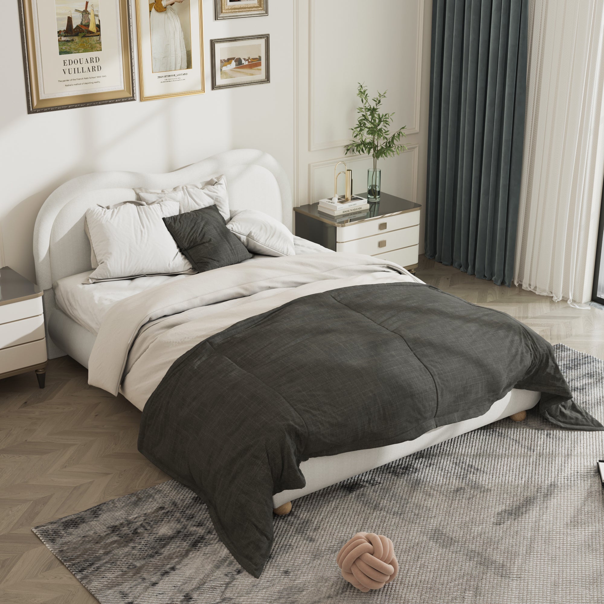 Overhead angle of beige chenille platform bed with dark bedding in a styled bedroom #Color_Beige