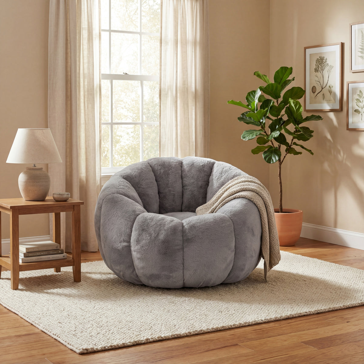 Gray Faux Fur Bean Bag Chair, 45.1 in Wide