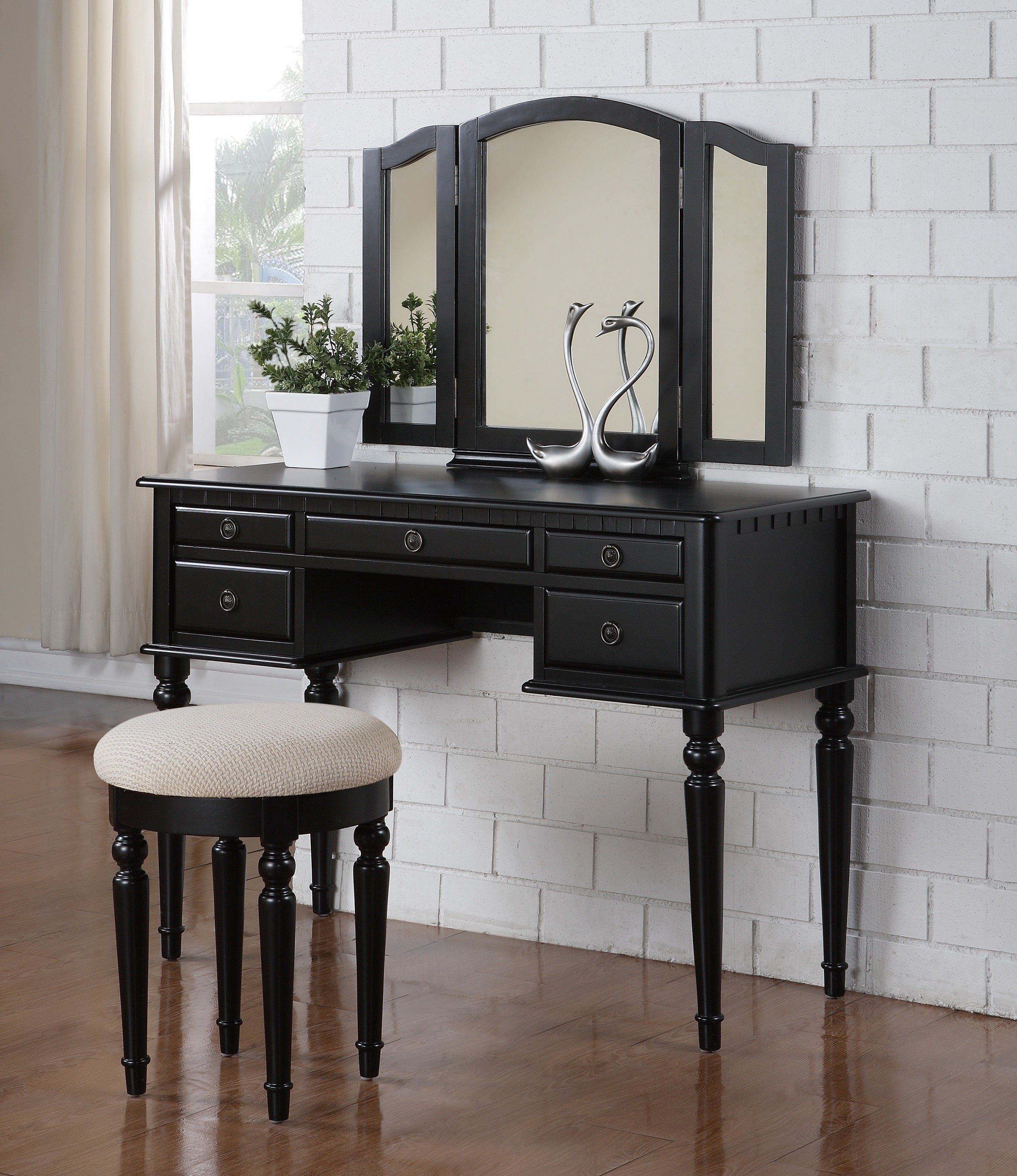 43-Inch Black Vanity Set with Folding Mirror and Stool