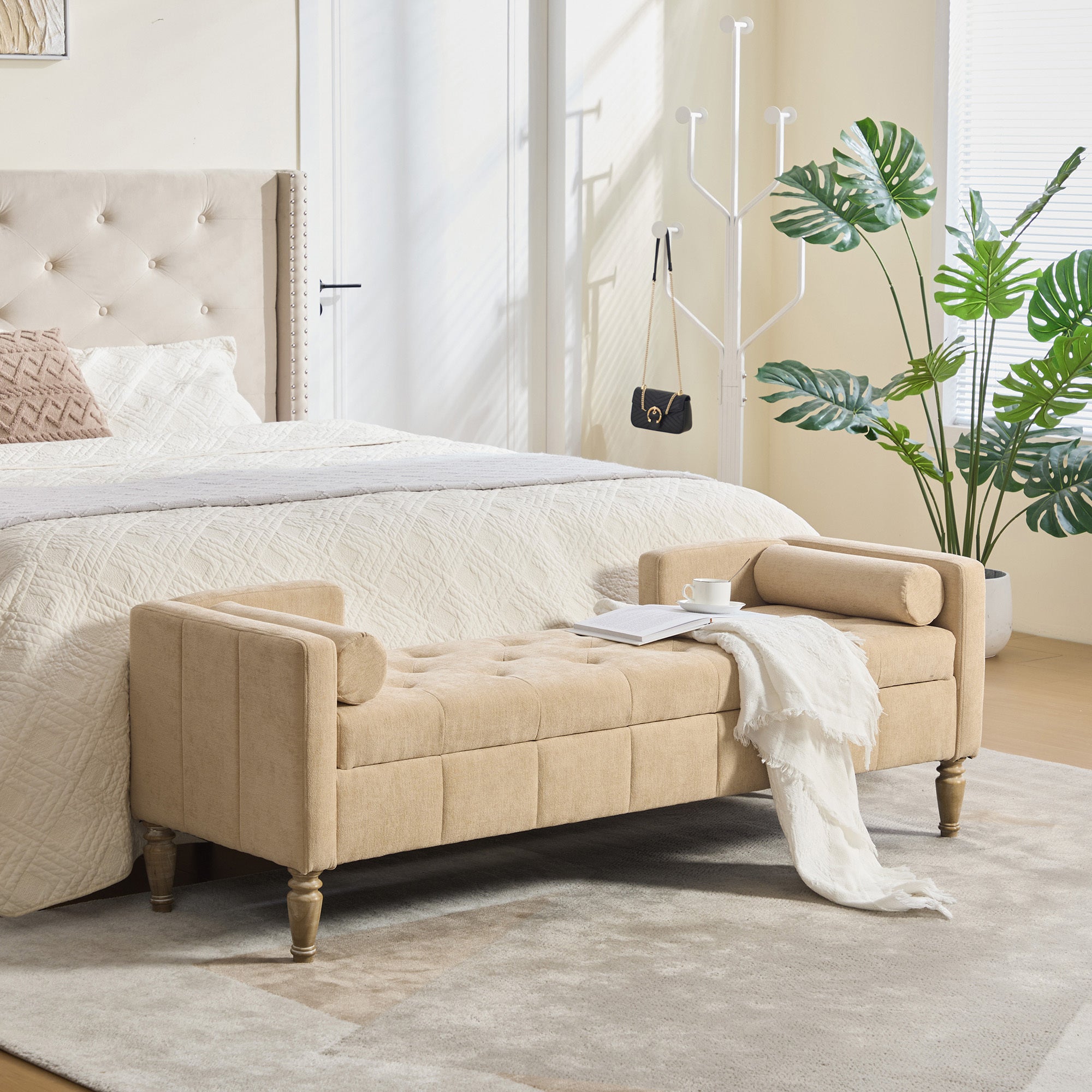 Chenille Storage Bench, 65 in Wheat Flip-Top with Arms