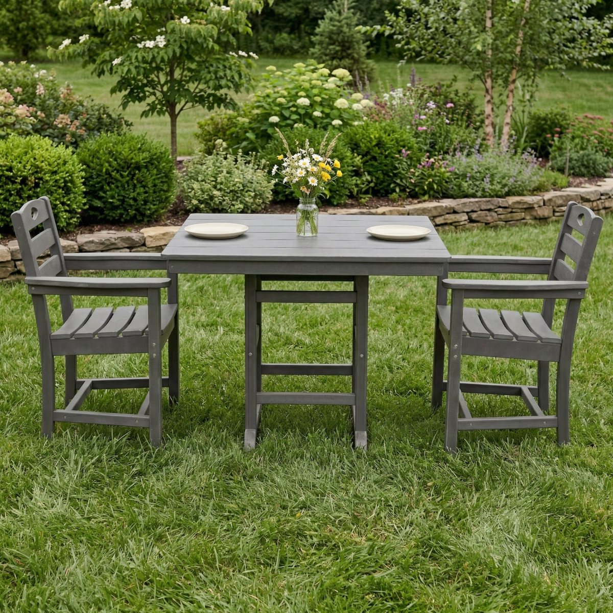 Gray HDPE 3-Piece Patio Dining Set for 2, with Arms