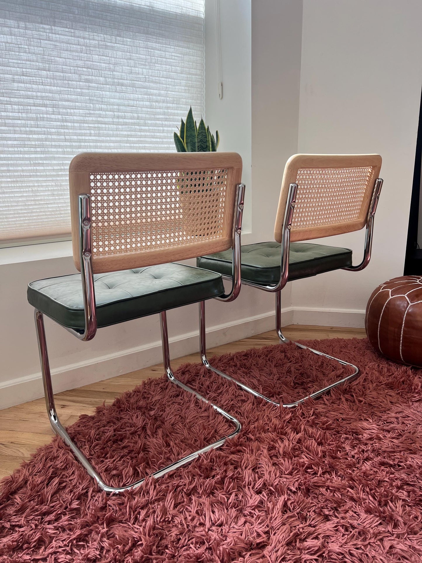 Midcentury Modern Dining Chair Set of 2 - Green Vegan Leather with Rattan Accents