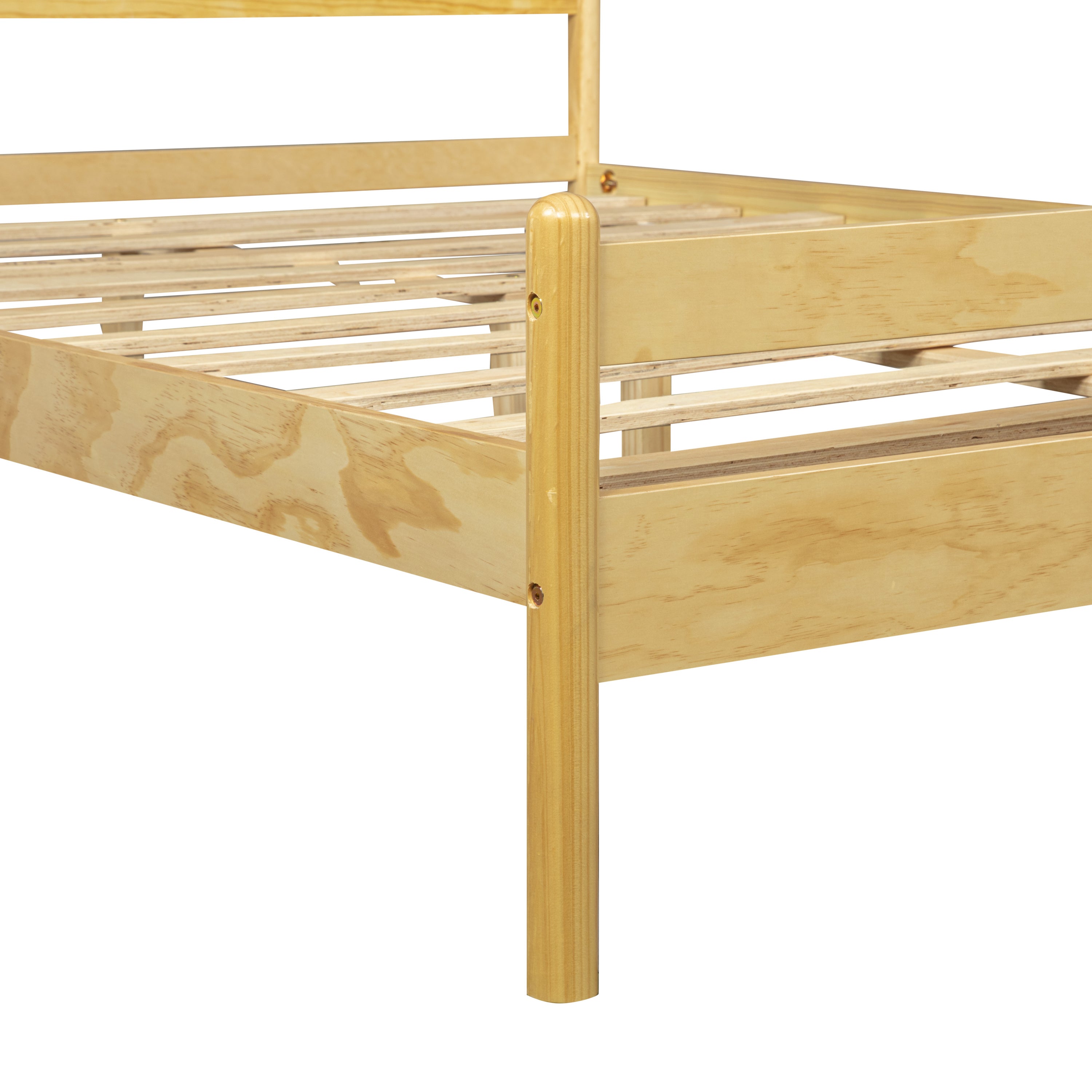 Corner detail of the natural pine footboard post and slat frame #Color_Natural
