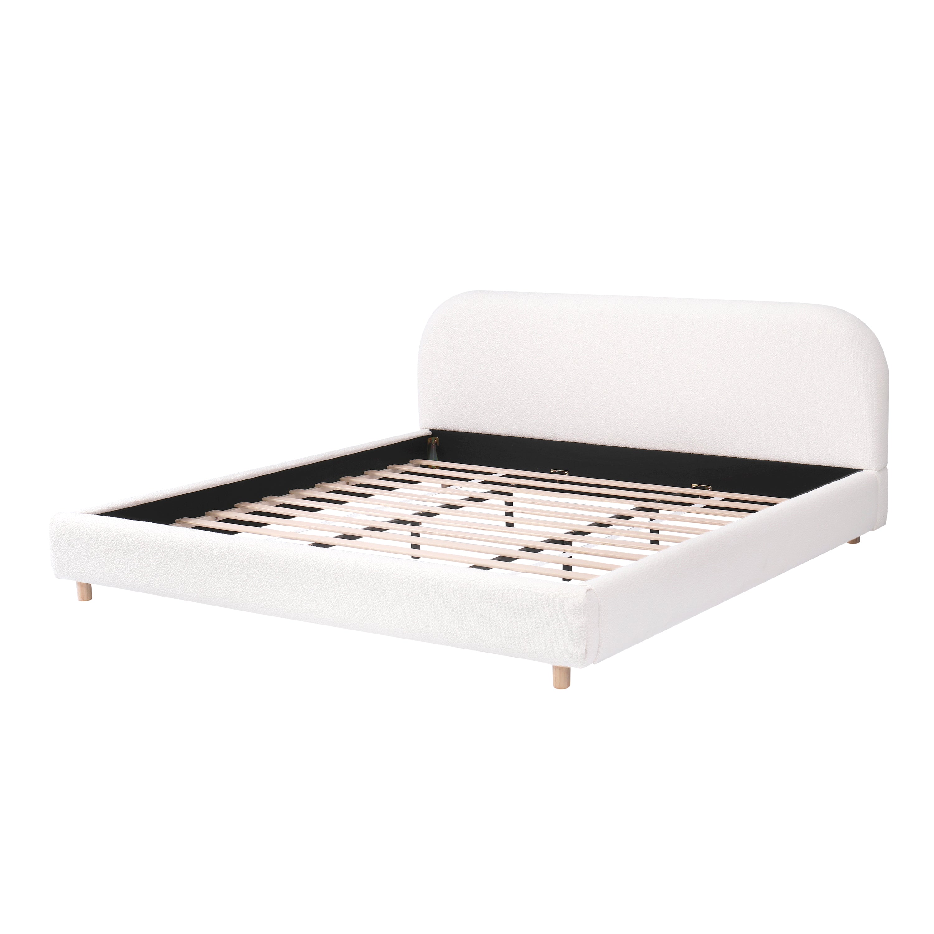 White boucle king bed frame, three-quarter angle showing wood slats and legs