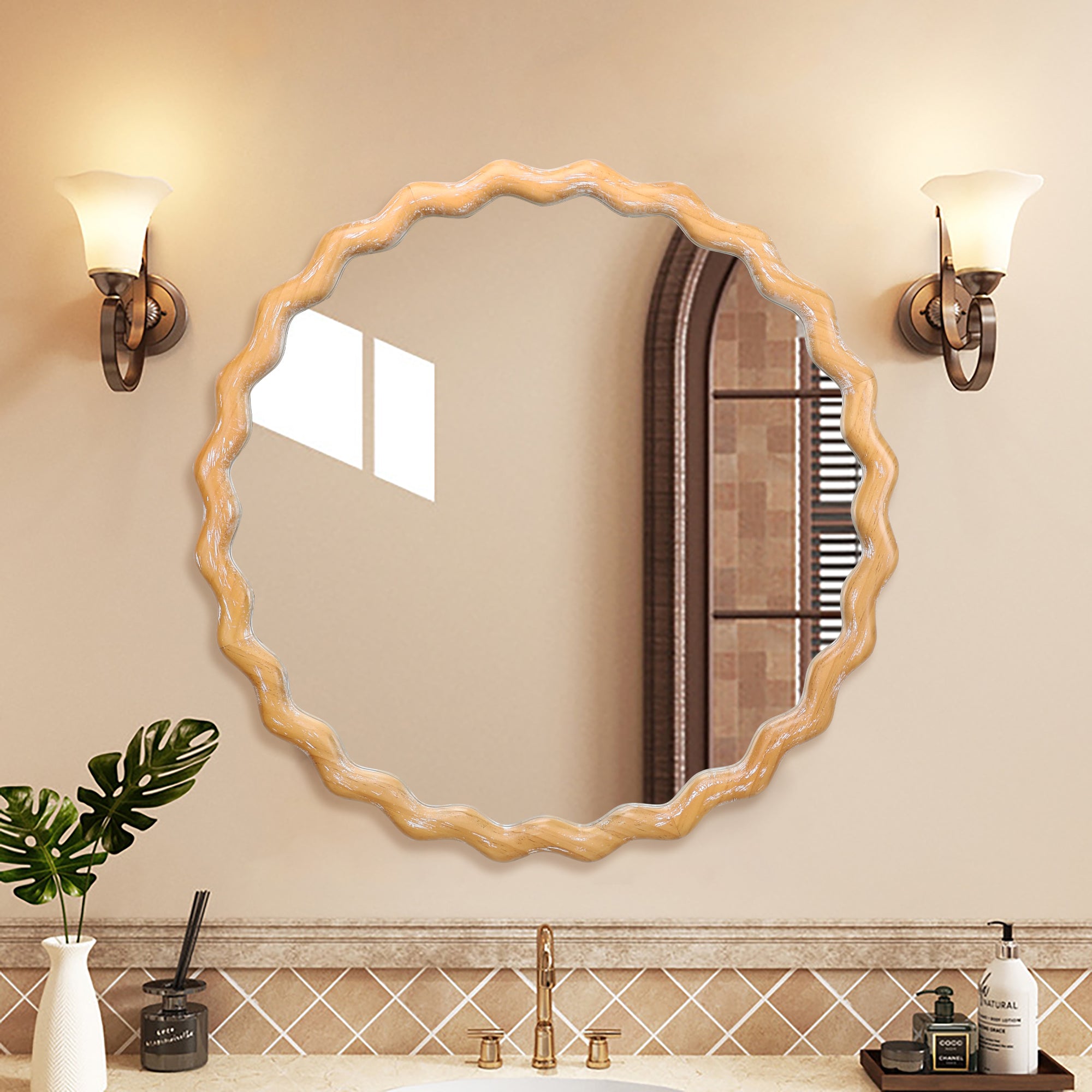 27.5 Inch Round Vanity Mirror with Wavy Whitewash Edge