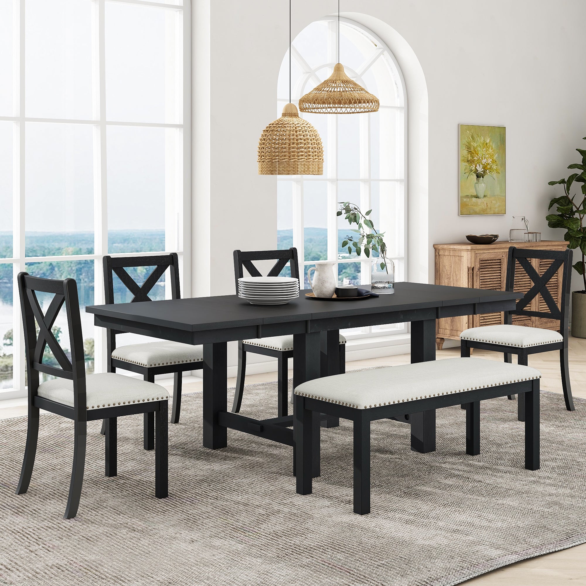 6-Piece Extendable Dining Set for 6, Black Farmhouse Table with Bench