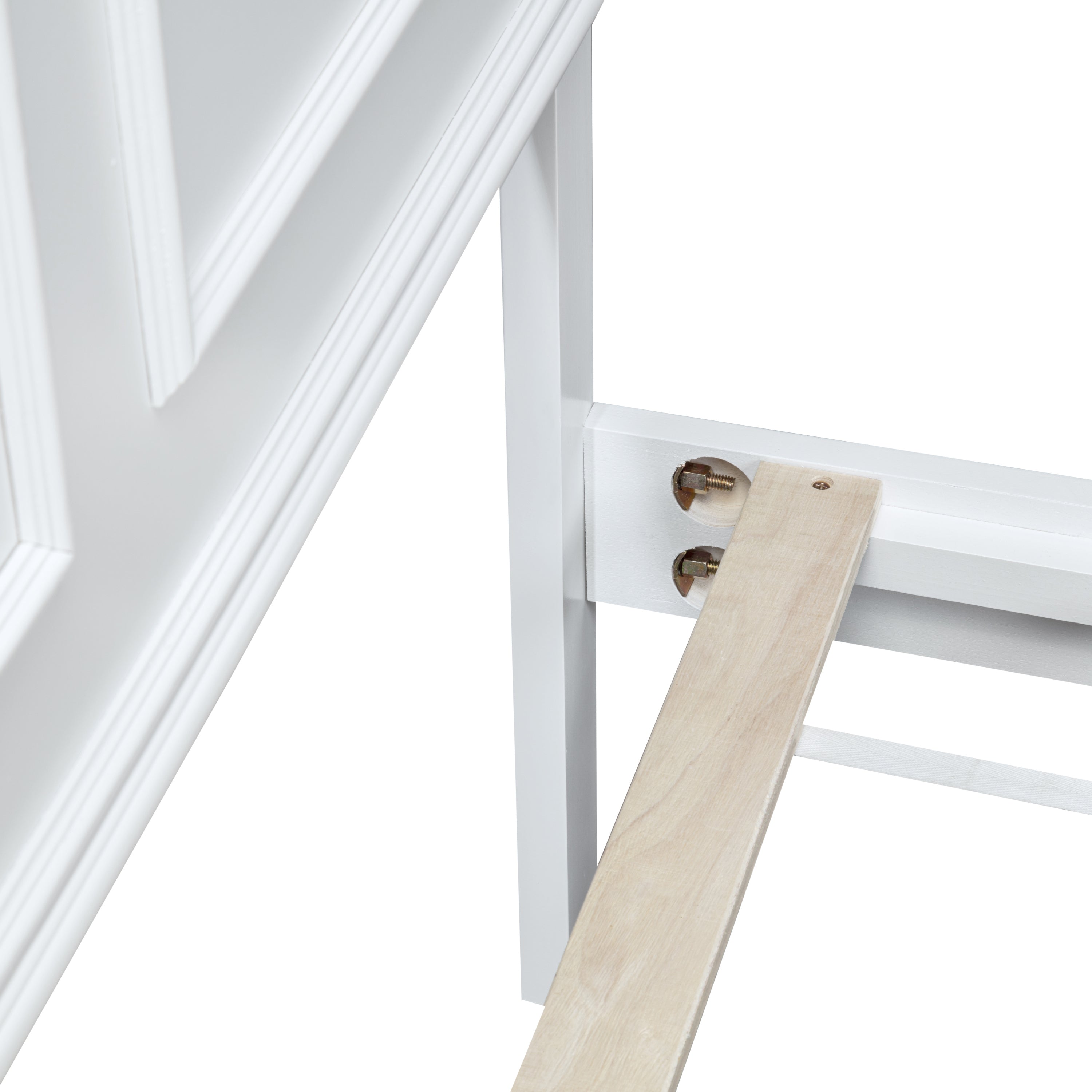 Close-up of a white support leg joined to the side rail with bolt hardware, panel headboard behind #Color_White