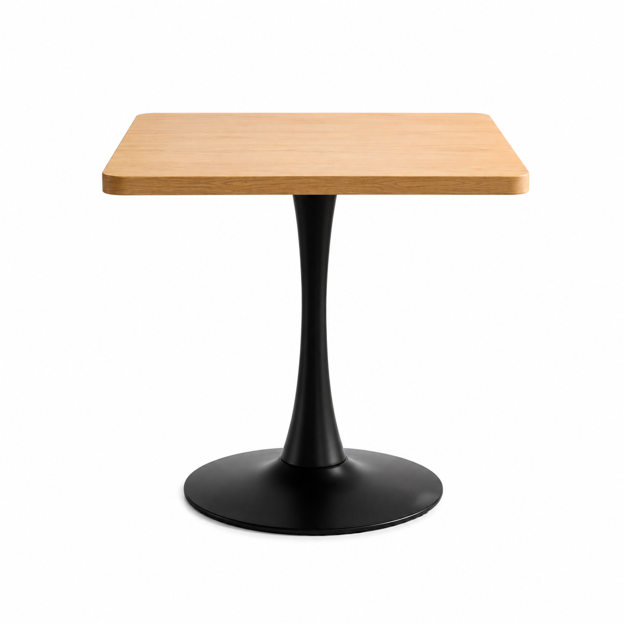 Front studio photo of the natural square tulip bistro table with black pedestal base on white