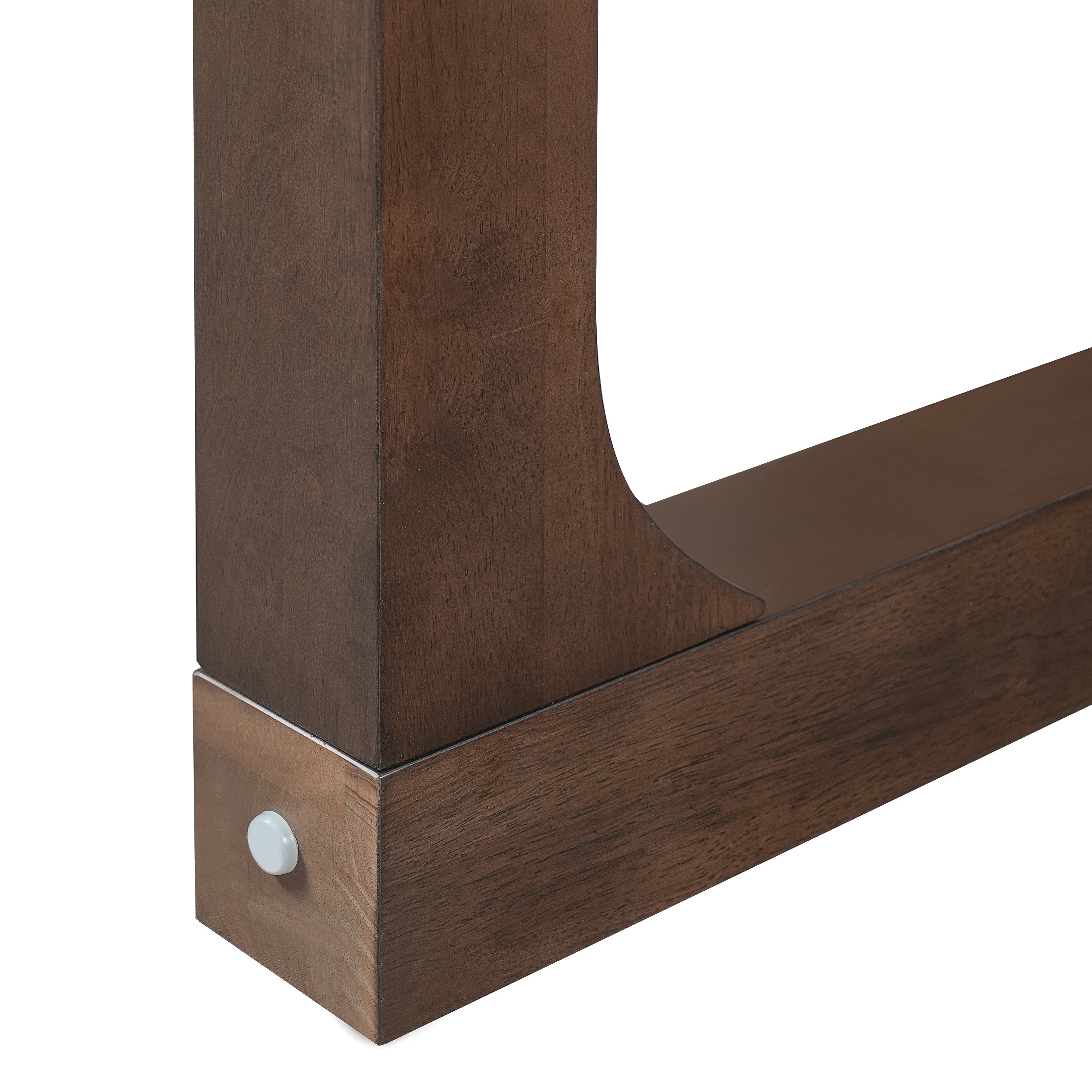 Close-up of the dining table leg base and bolt hardware on white background