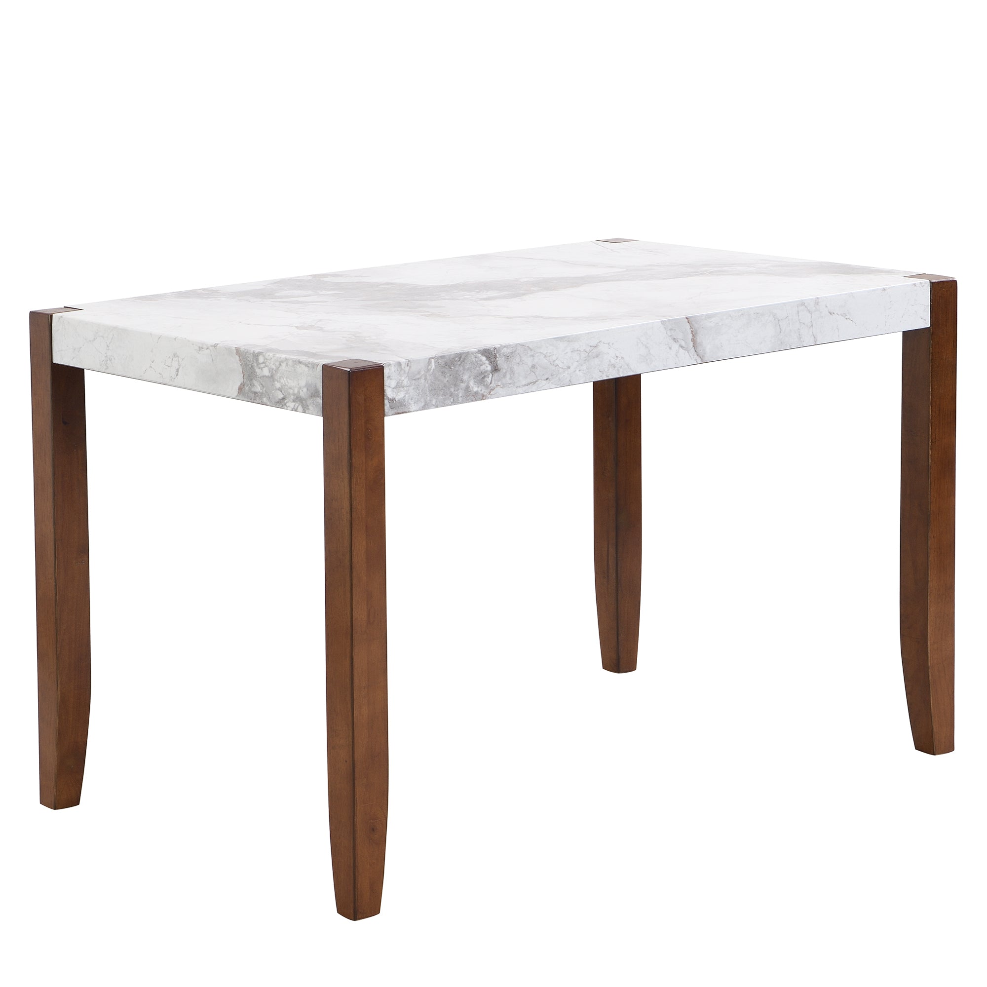 Angled studio view of the white faux marble dining table with brown legs, white background