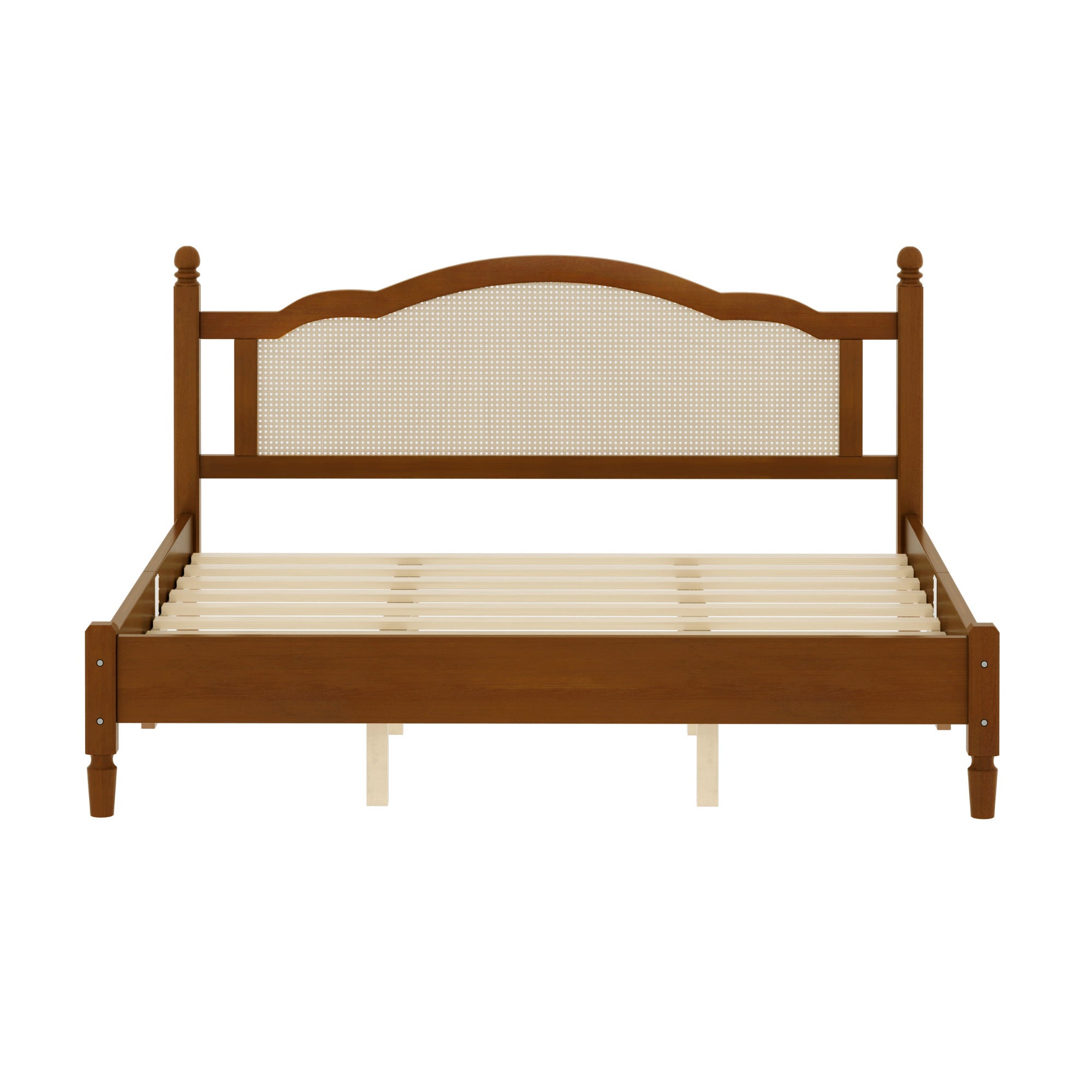 Walnut king bed frame with cane headboard, front view with nightstands