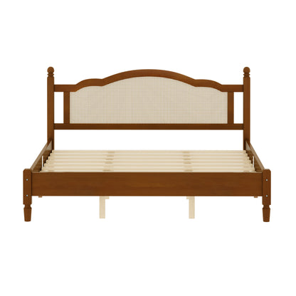 Walnut king bed frame with cane headboard, front view with nightstands