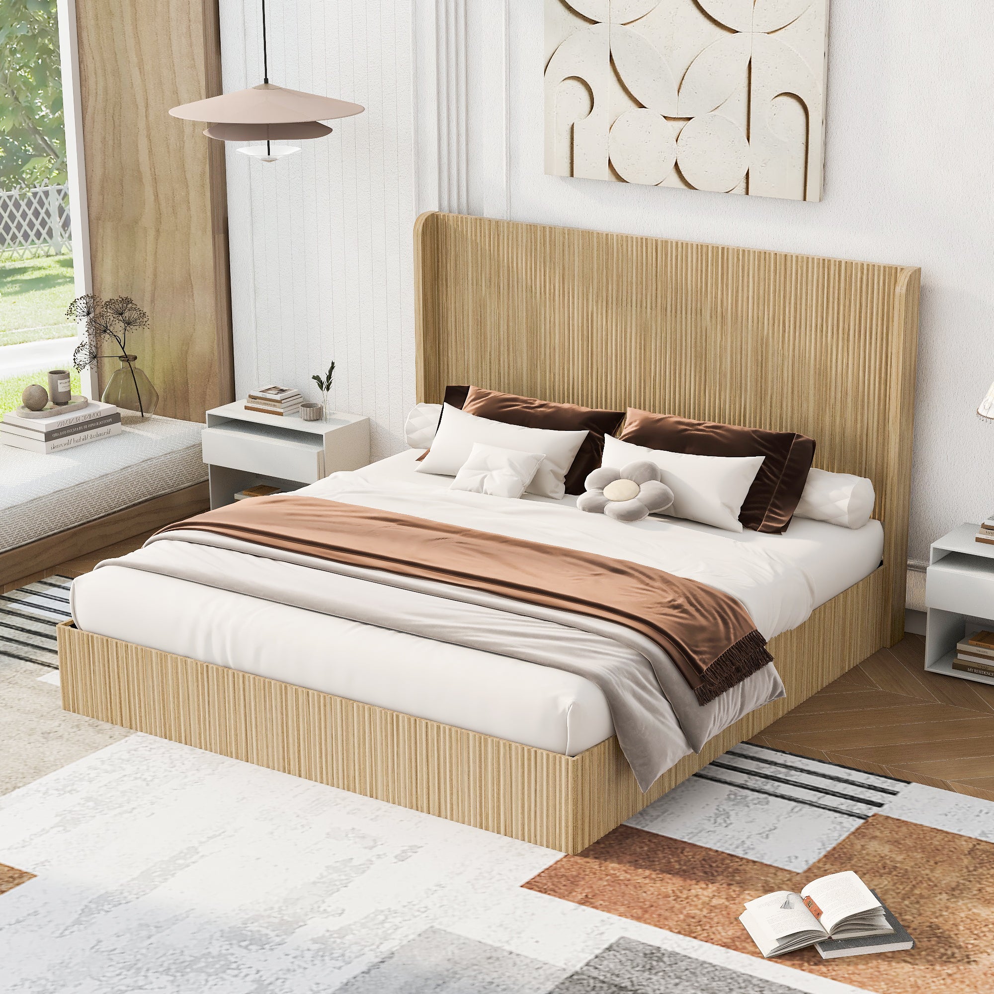 King bed frame with brown throw pillows and fluted headboard, bedroom setting