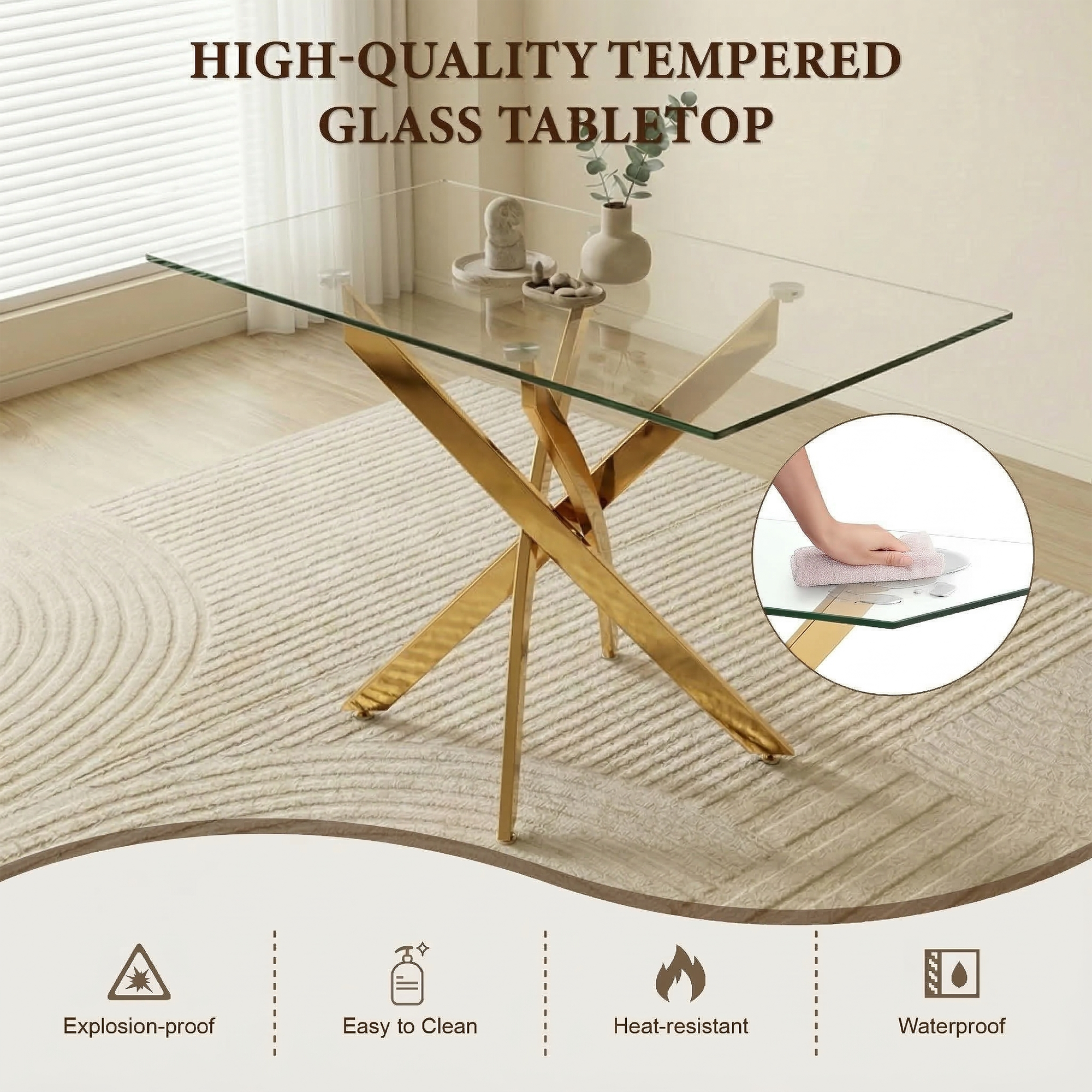 Feature graphic showing the tempered glass tabletop being wiped clean