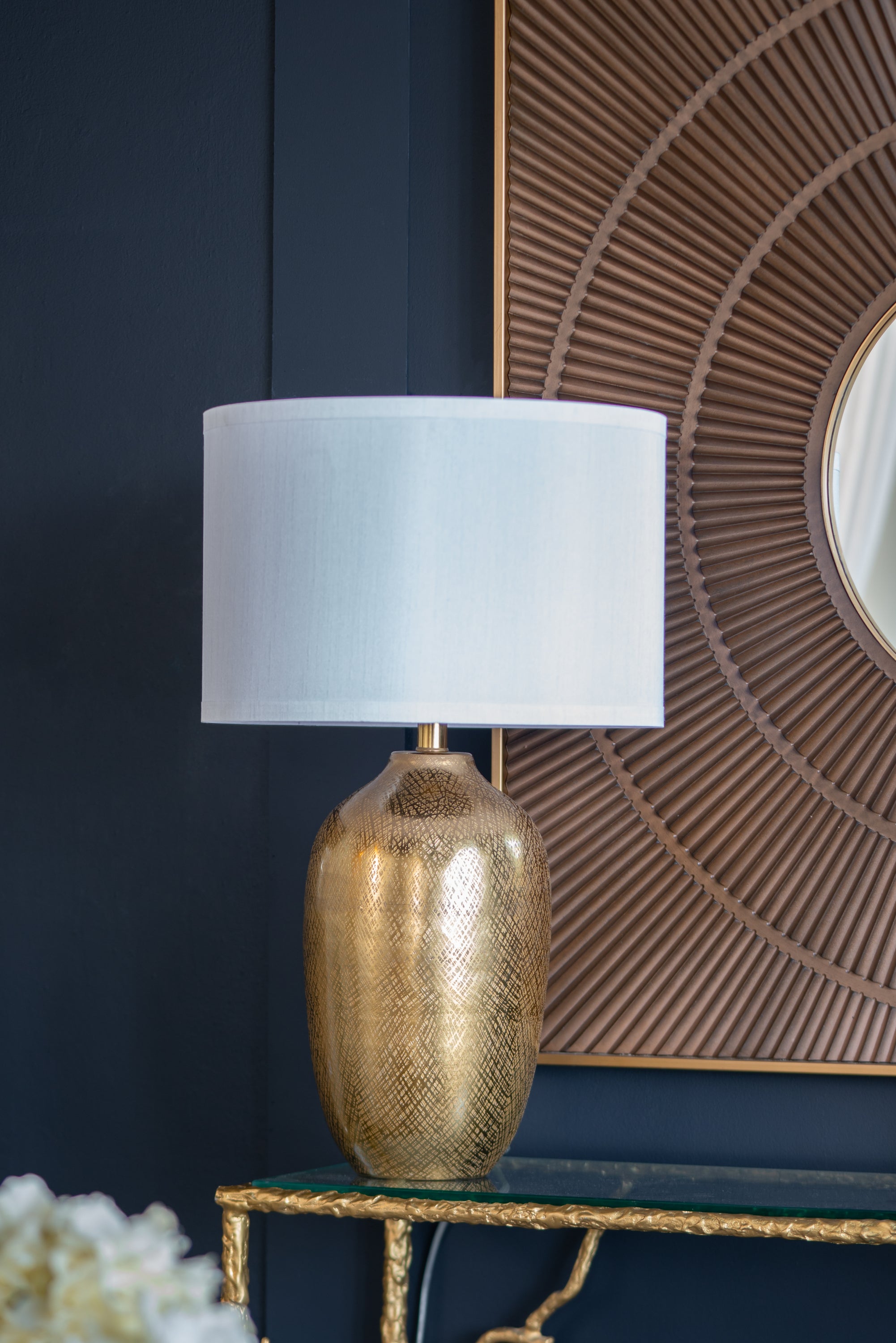 Round Aluminum Table Lamp with Fabric Shade, White