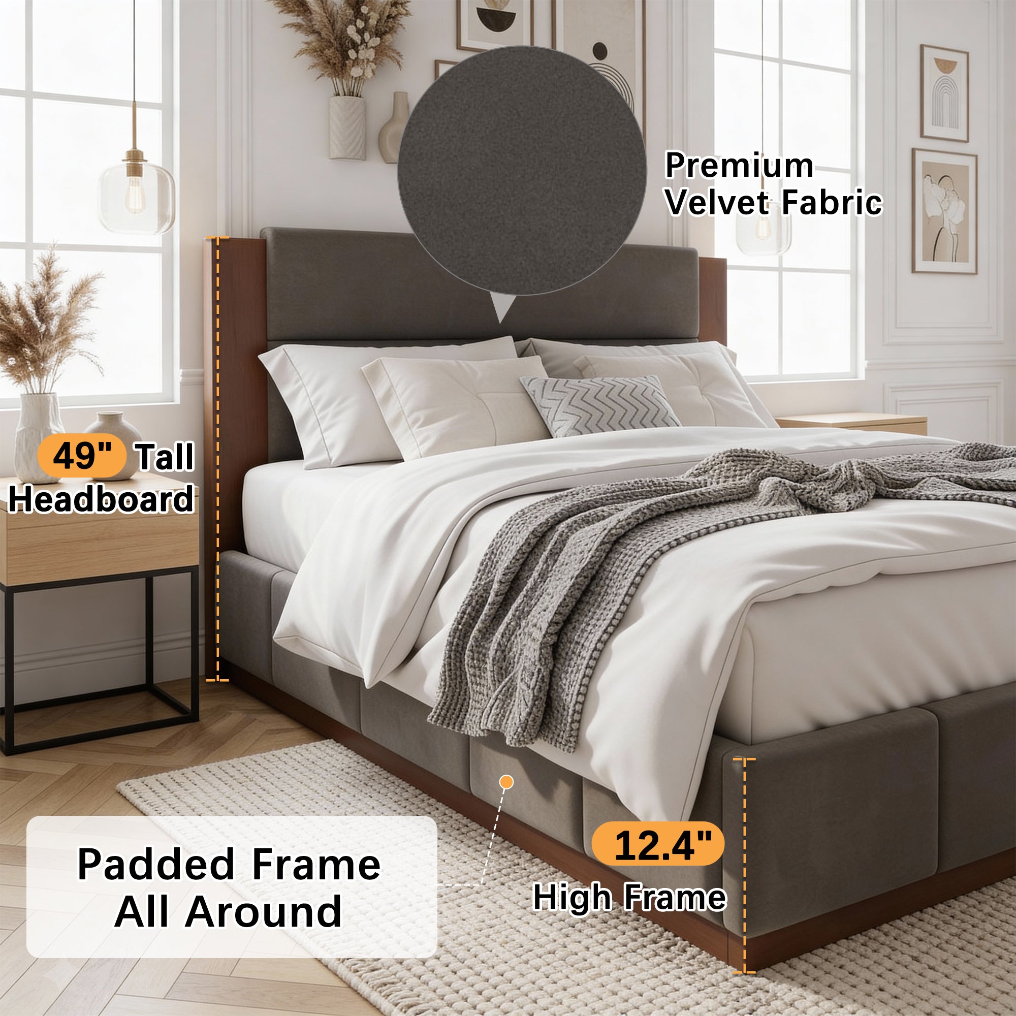 Front view of the grey velvet upholstered bed frame showing three horizontal headboard panels and wood side posts #Color_Grey Velvet
