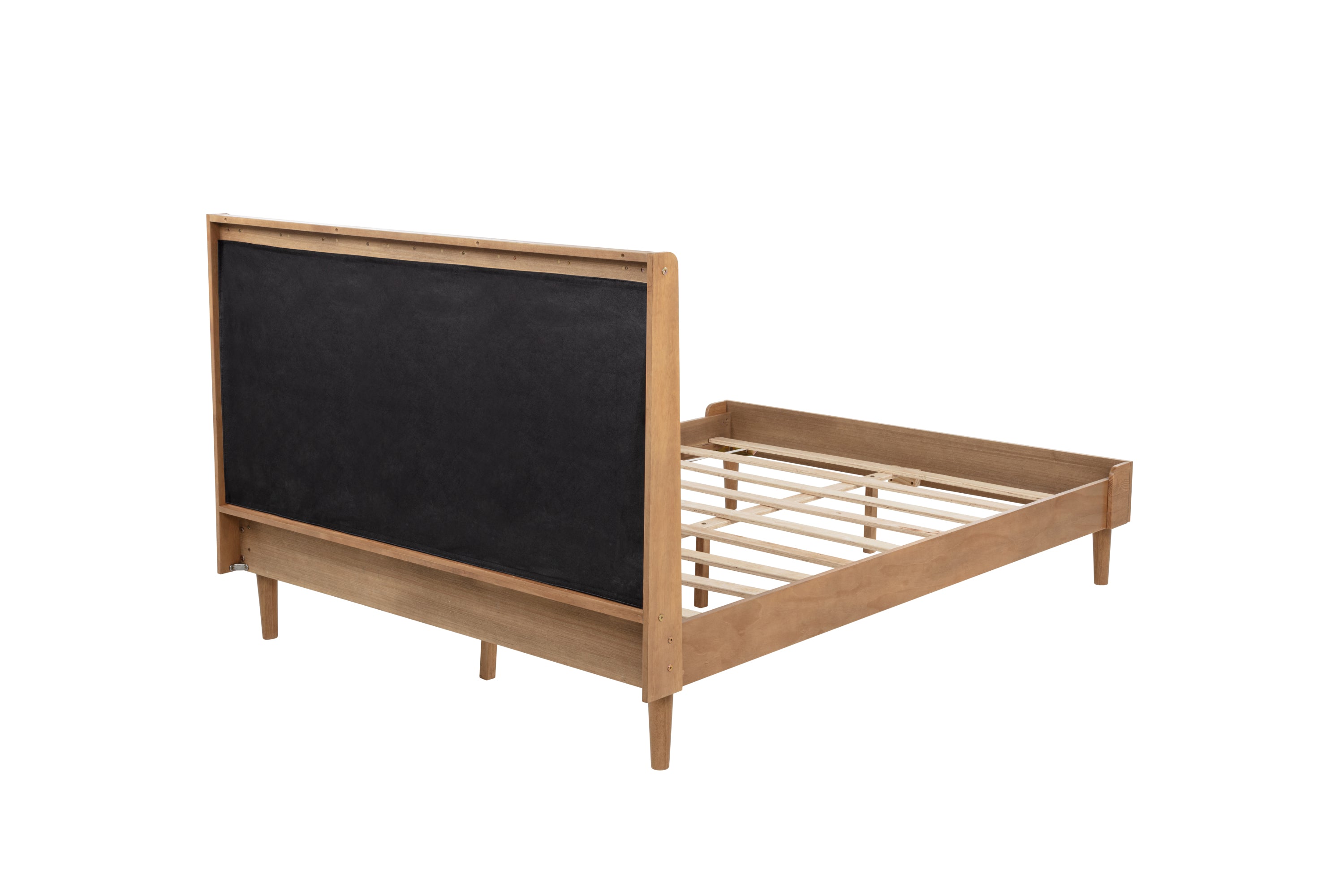 Rear angled view of the wood-framed headboard with black cloth backing and slat platform