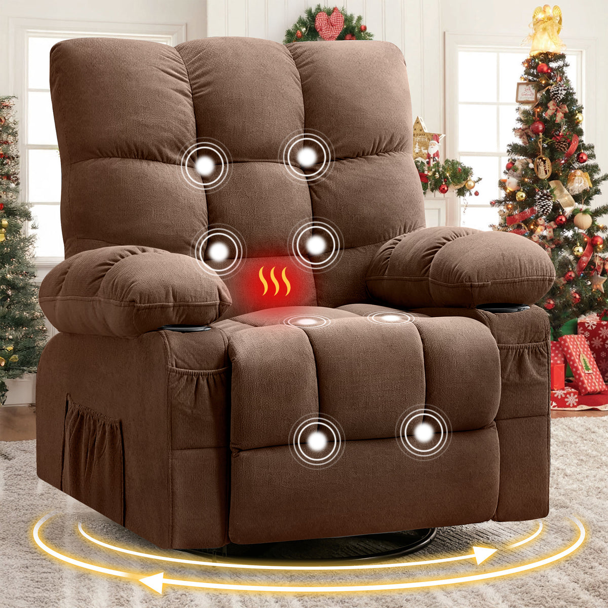 Brown Swivel Rocker Recliner, Massage and Heat