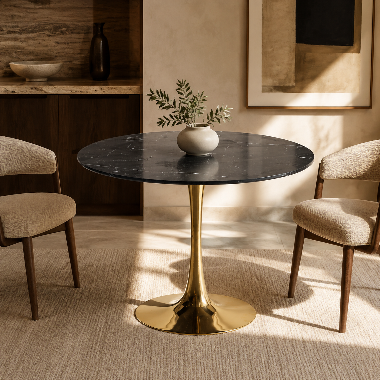 Tulip Dining Table, Black Faux Marble - Gold Pedestal, 31.5 In