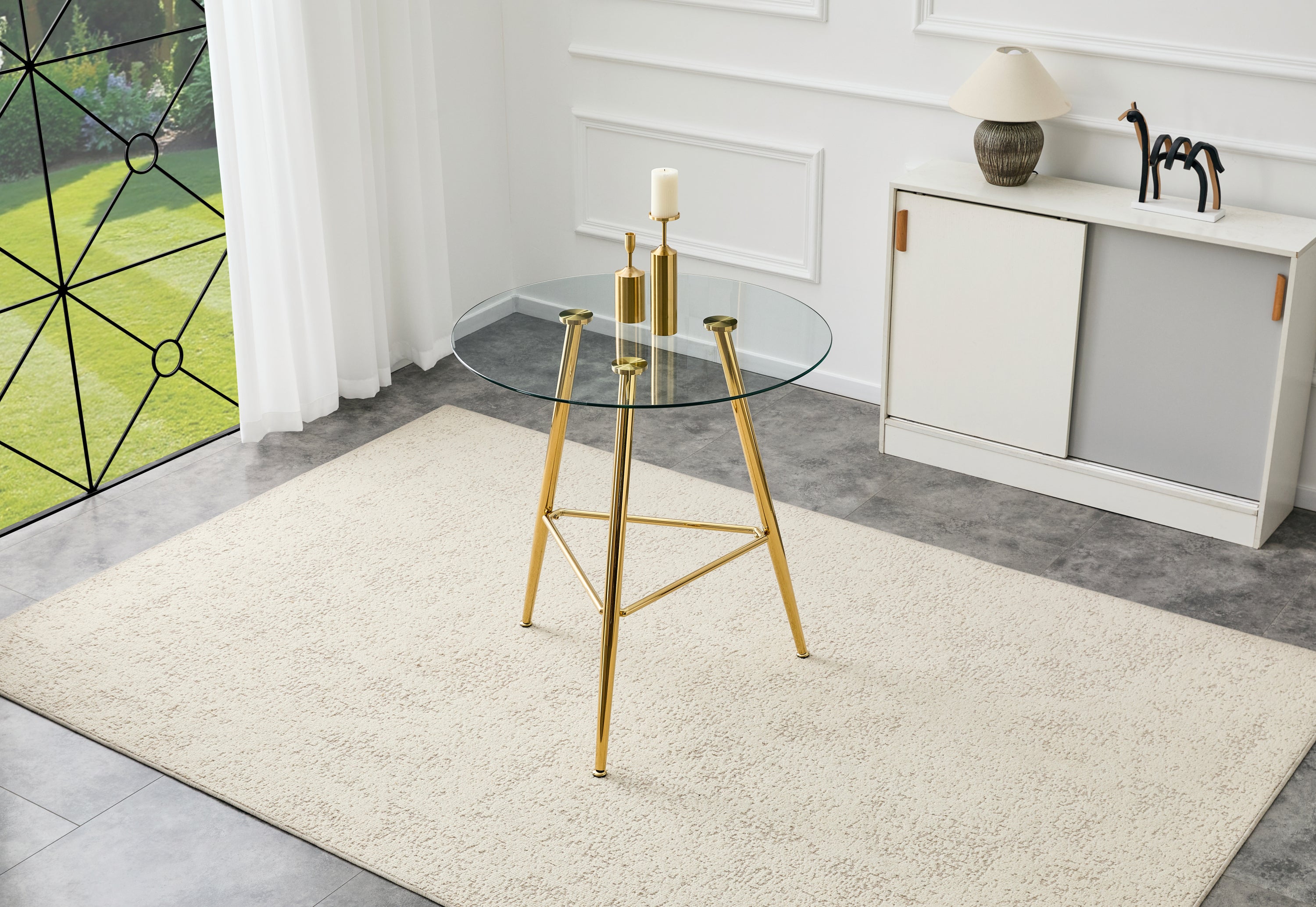 Round Glass Bar Table, 34-Inch Tempered Top, Gold Tripod Legs