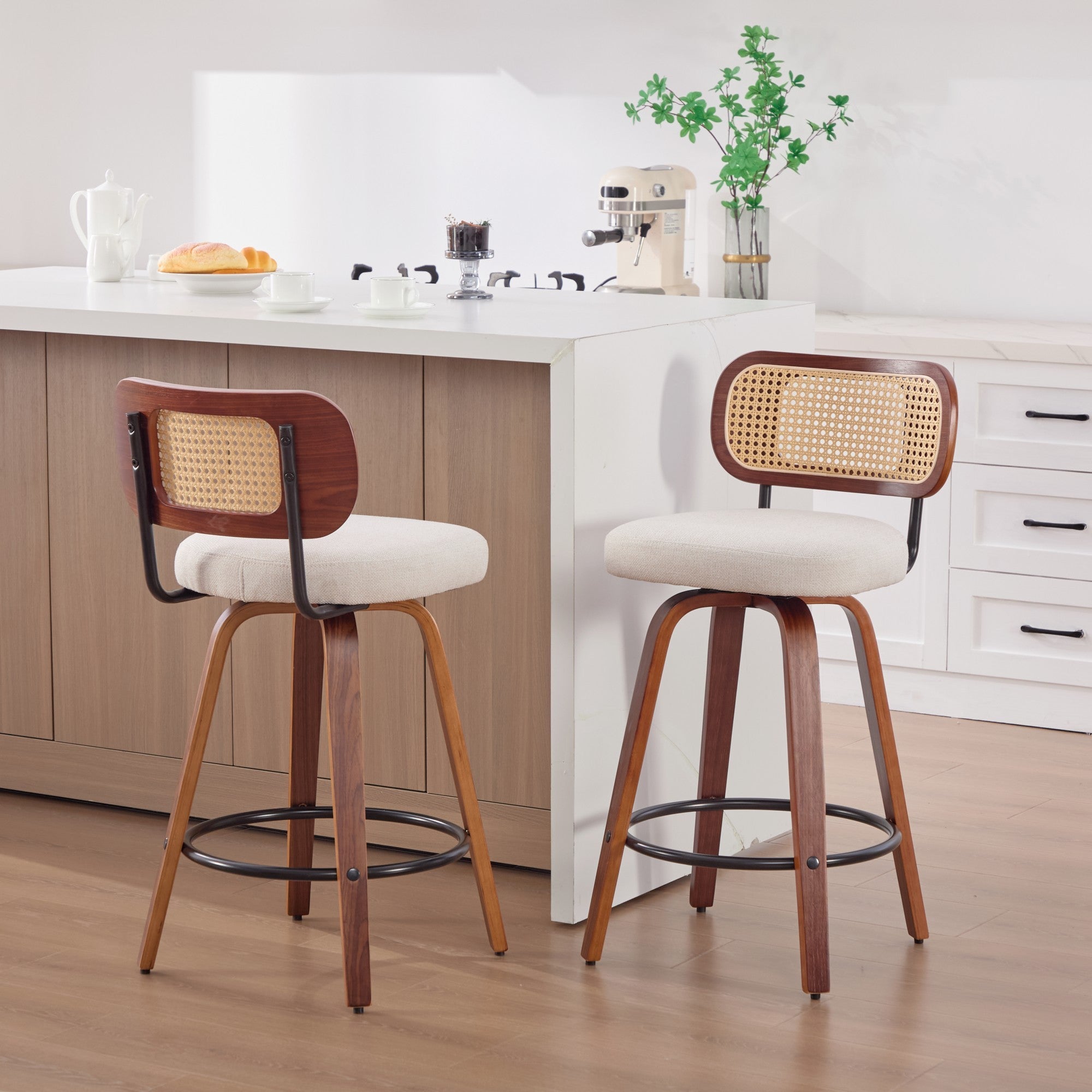 Cane-Back Counter Stool Set of 2, Cream Linen, Walnut Swivel