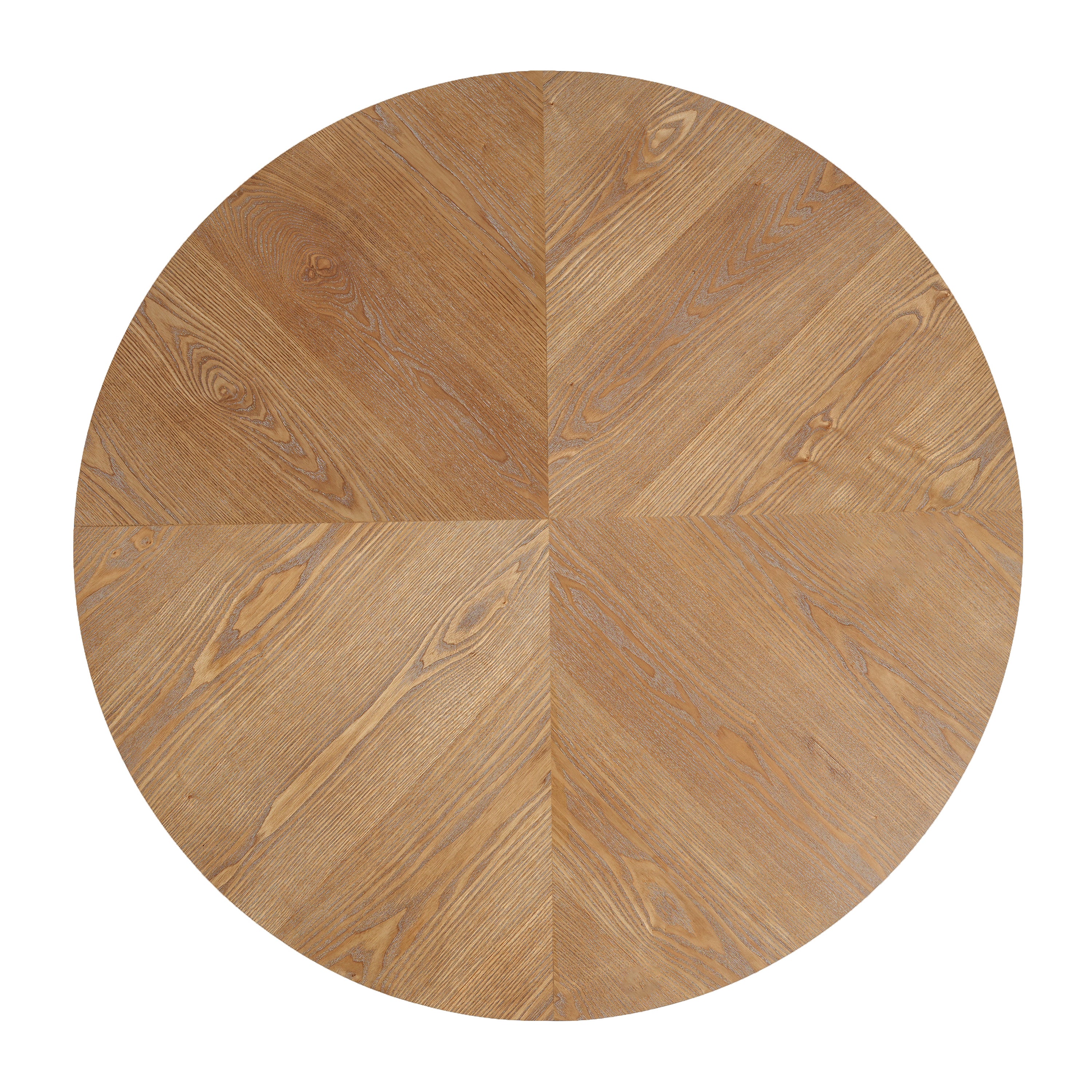 Overhead view of the round oak tabletop showing the radial wood grain pattern