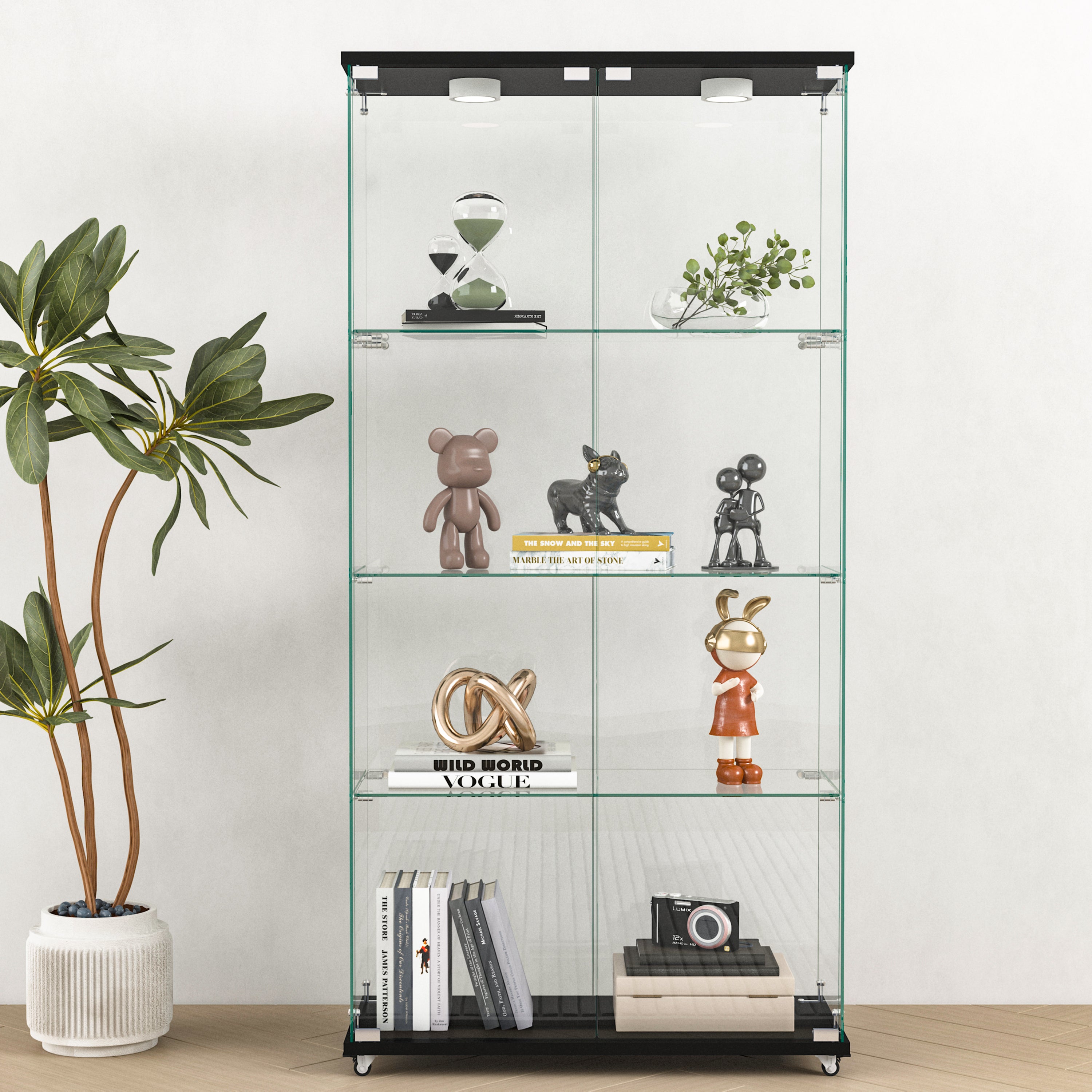 Modern Bookcase with Doors and LED Lighting, 32.1 in, 64.25 in Tall