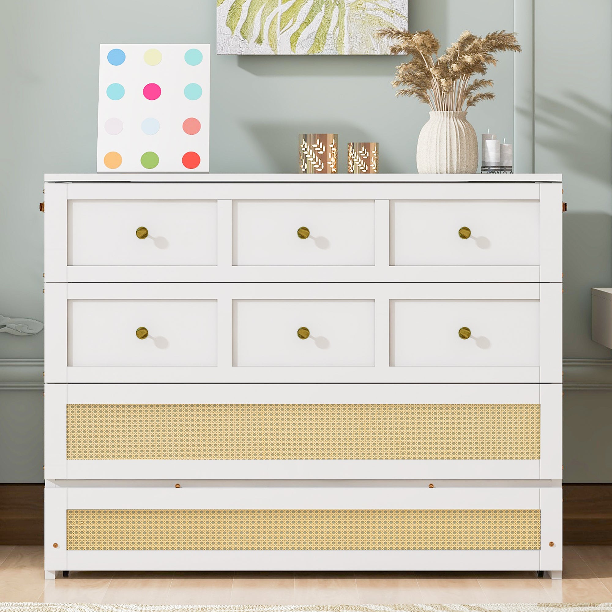 Full Size Murphy Bed with Drawers, White
