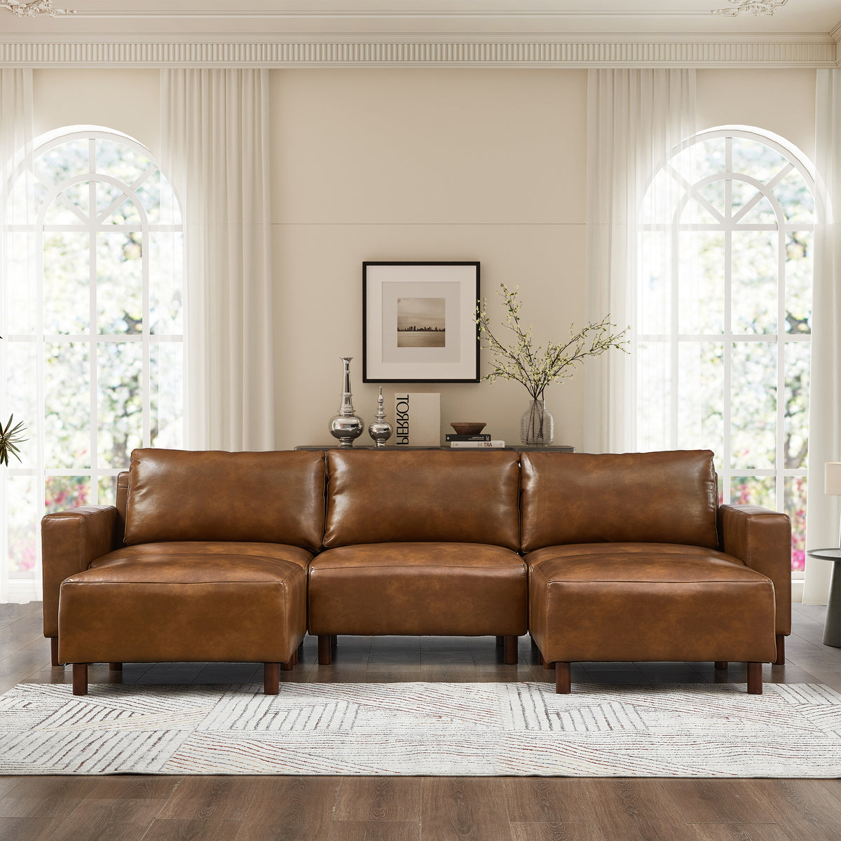 Brown Vegan Leather U-Shaped Sectional with 2 Ottomans, 5-Piece