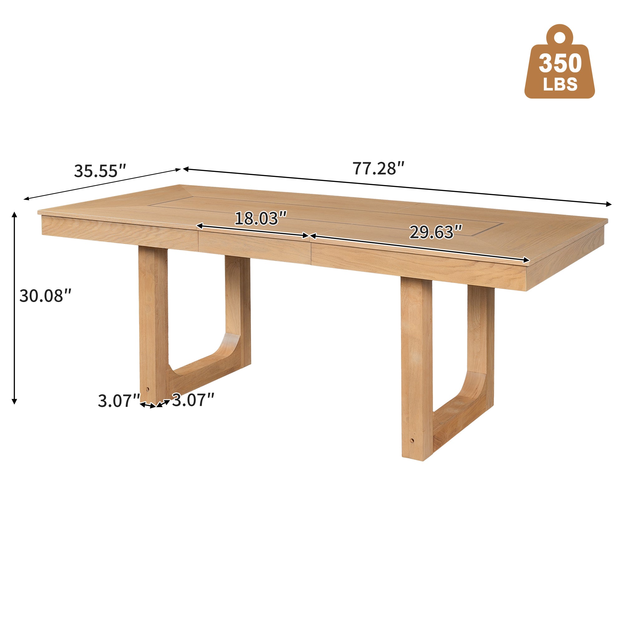 Dimension diagram of the oak dining table, 77.28 in wide by 35.55 in deep by 30.08 in high, 350 lbs
