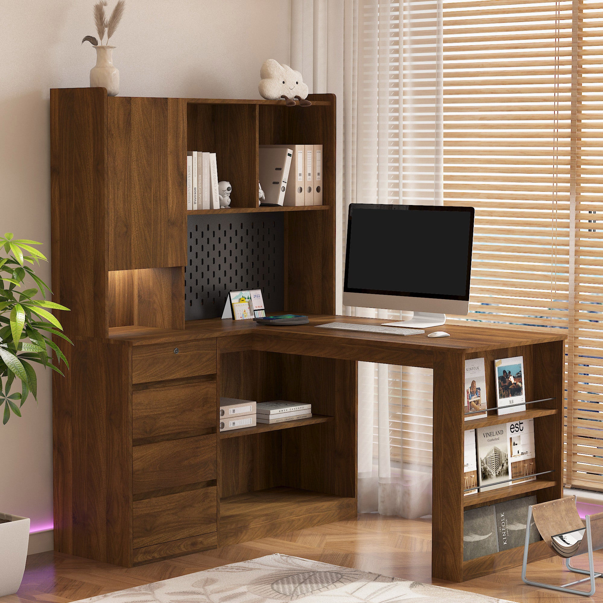 L-Shaped Computer Desk with Charging Station and LED Lighting, 51.6 in