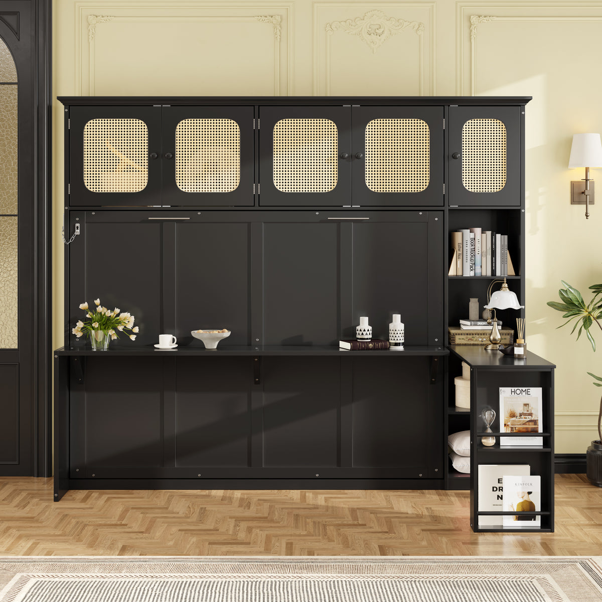 Full Murphy Bed with Desk and Rattan-Look Cabinets, Black