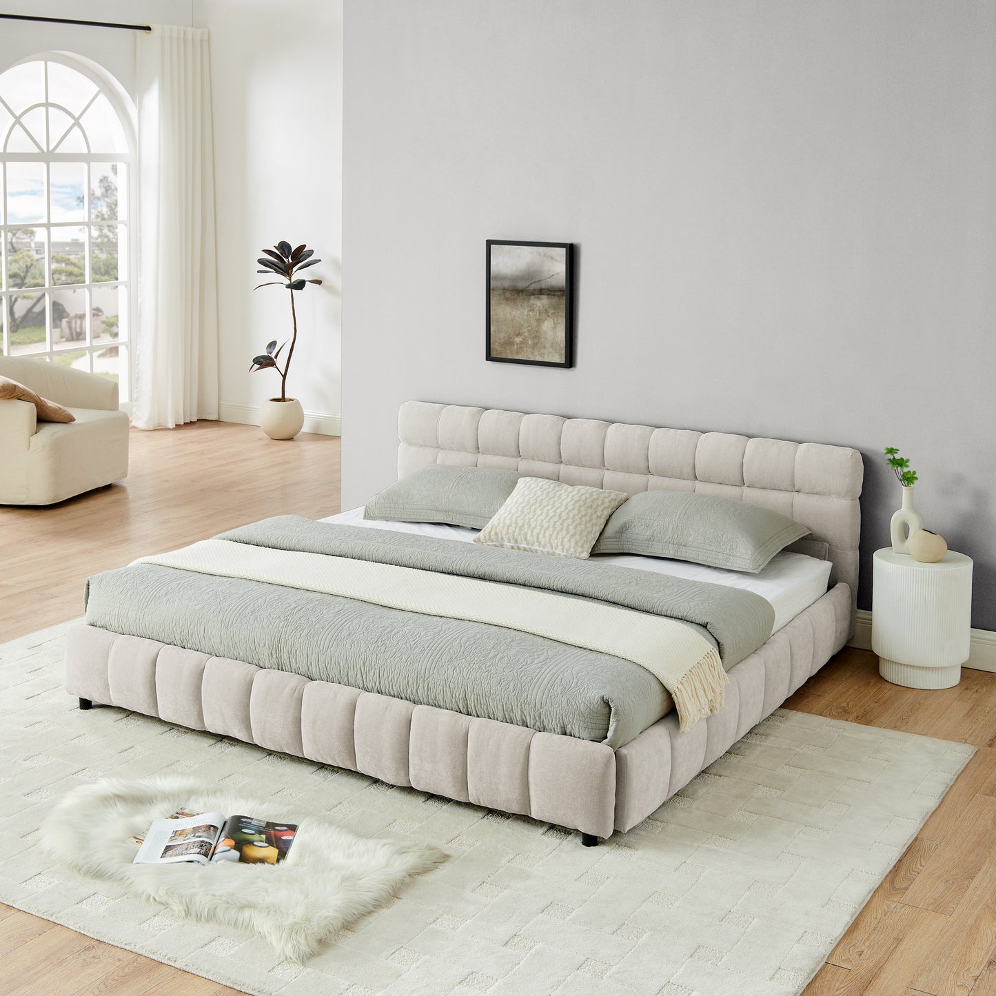 Labeled dimension diagram of king bed frame and drawer size in inches