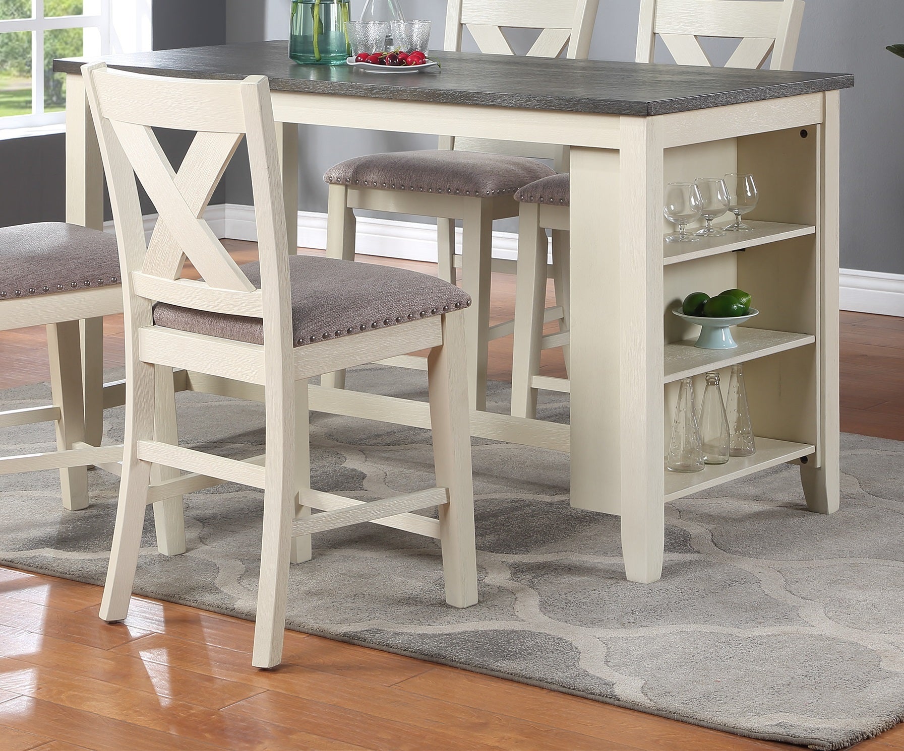 Counter Height Dining Table with Storage Shelves, Off-White and Grey