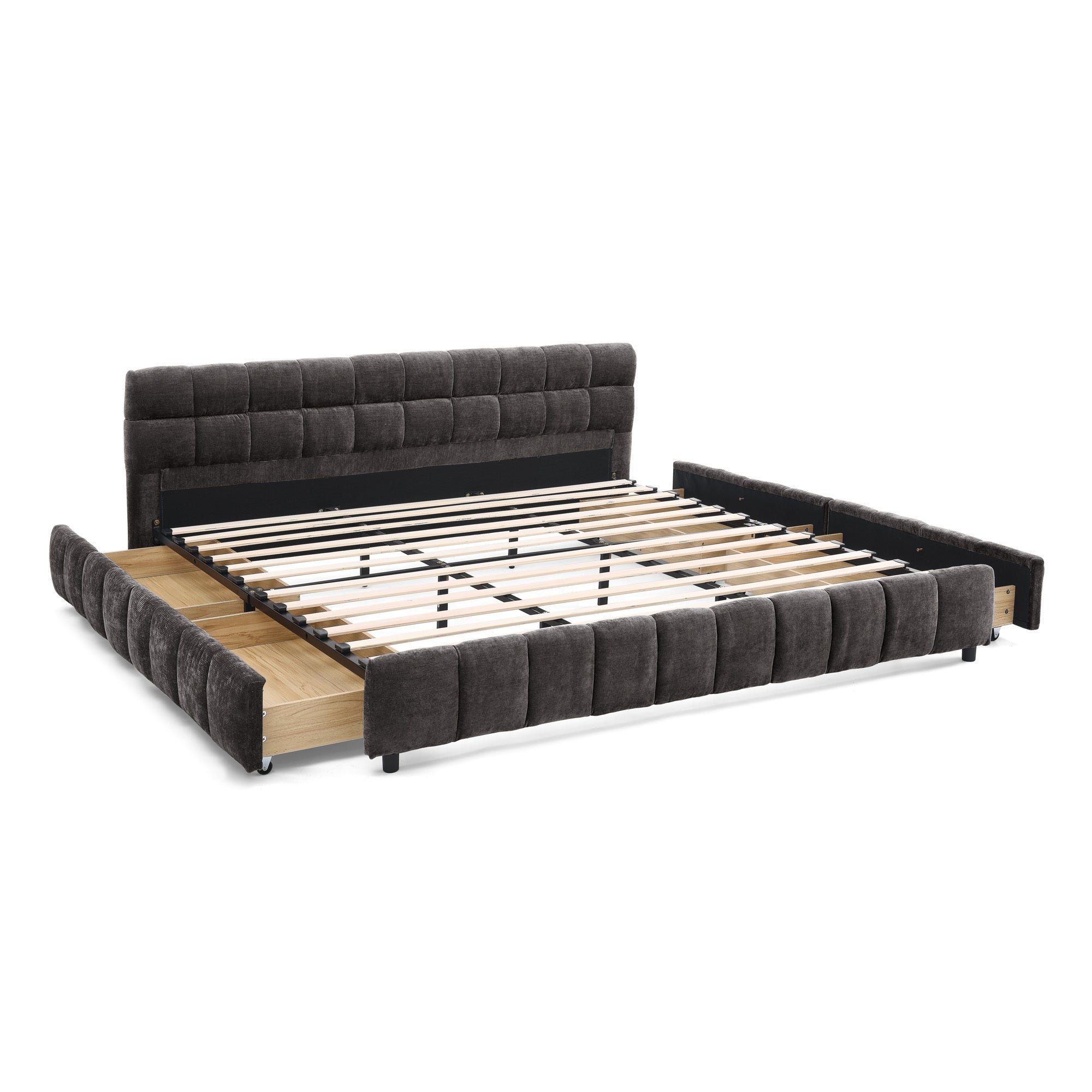 Close-up of wood slats inside dark gray king bed frame