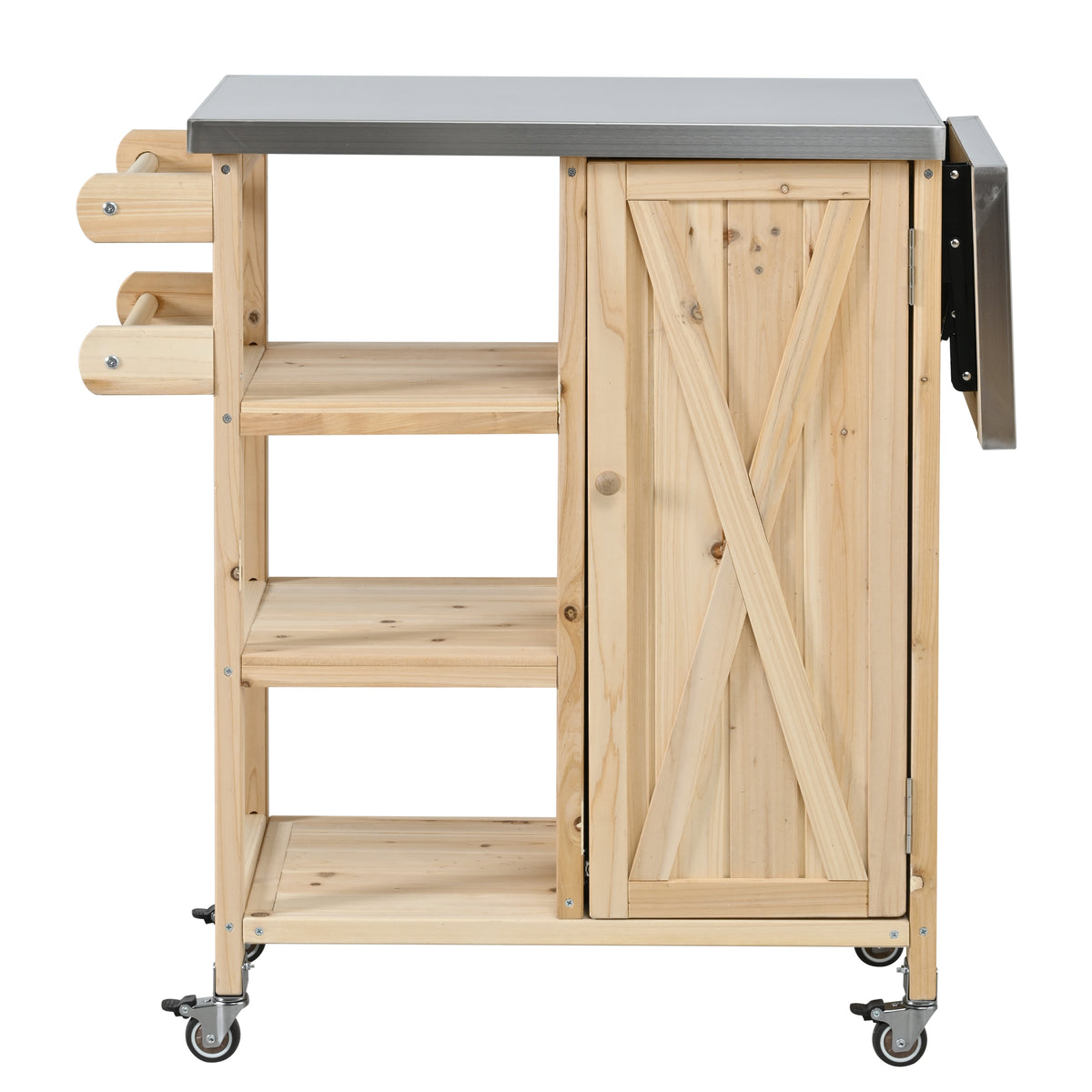 Natural Solid Wood Outdoor Kitchen Island with Wheels, 33.4 in Tall