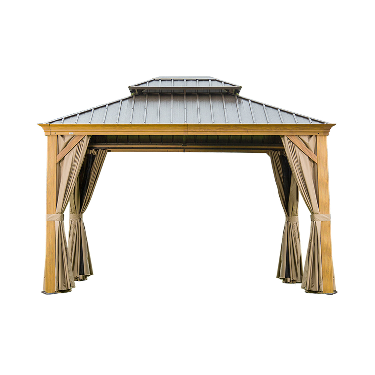 10x14 ft Wood Grain Finish Aluminum Double Roof Hardtop Gazebo